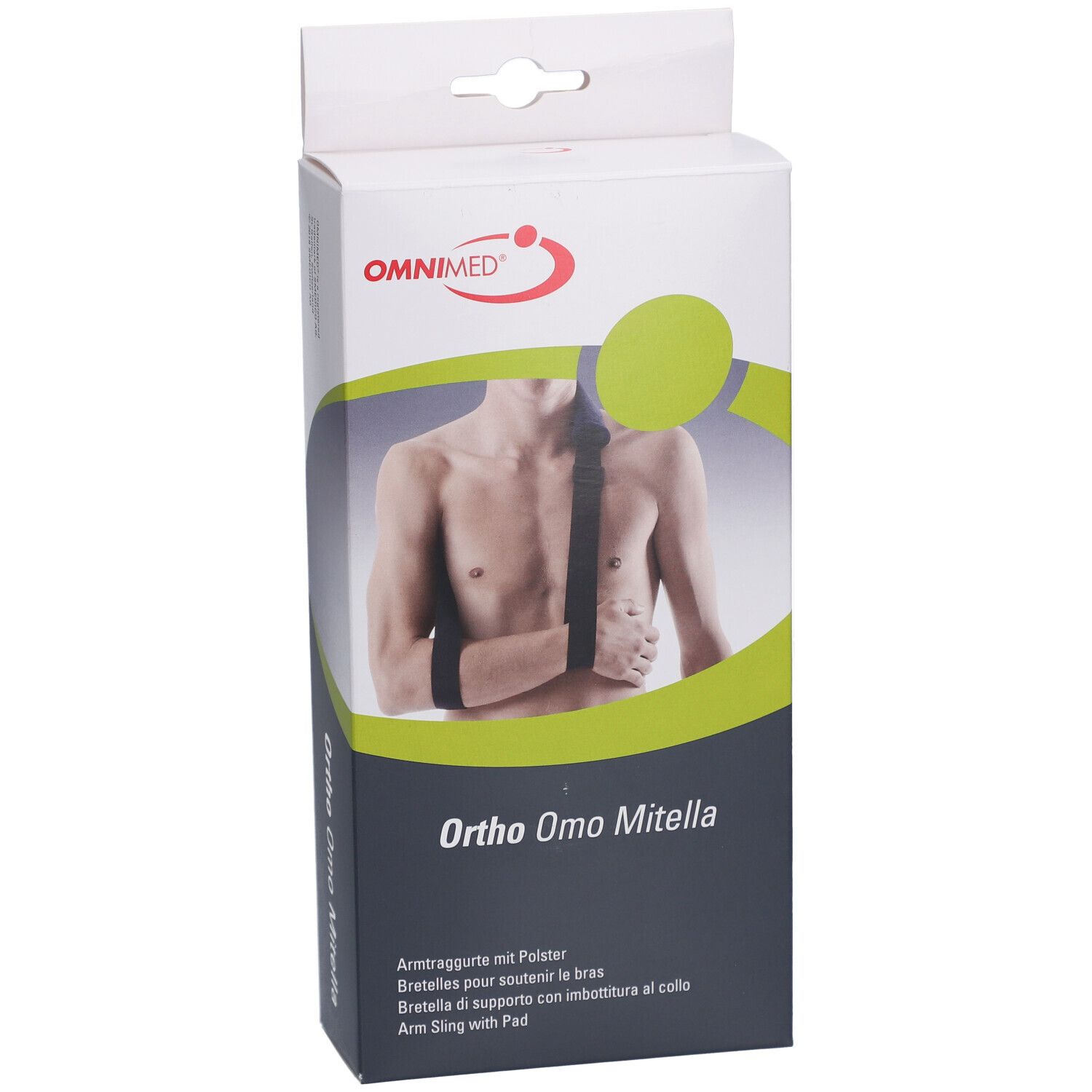 Omnimed Ortho Omo Mitella Verpackung. Vorderansicht. Text: Ortho Omo Mitella, Armschlinge mit Polster, Omnimed Logo.