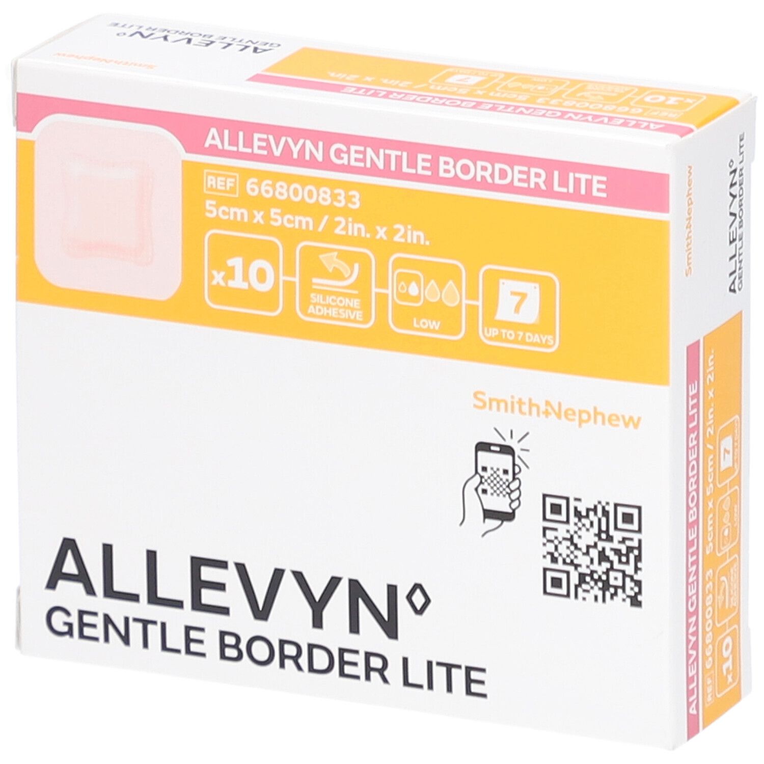 Verpackung von Allevyn Gentle Border Lite. Zeigt ein Produktbild, Größe 5x5cm, 10 Stück, bis zu 7 Tage. Mit QR-Code.