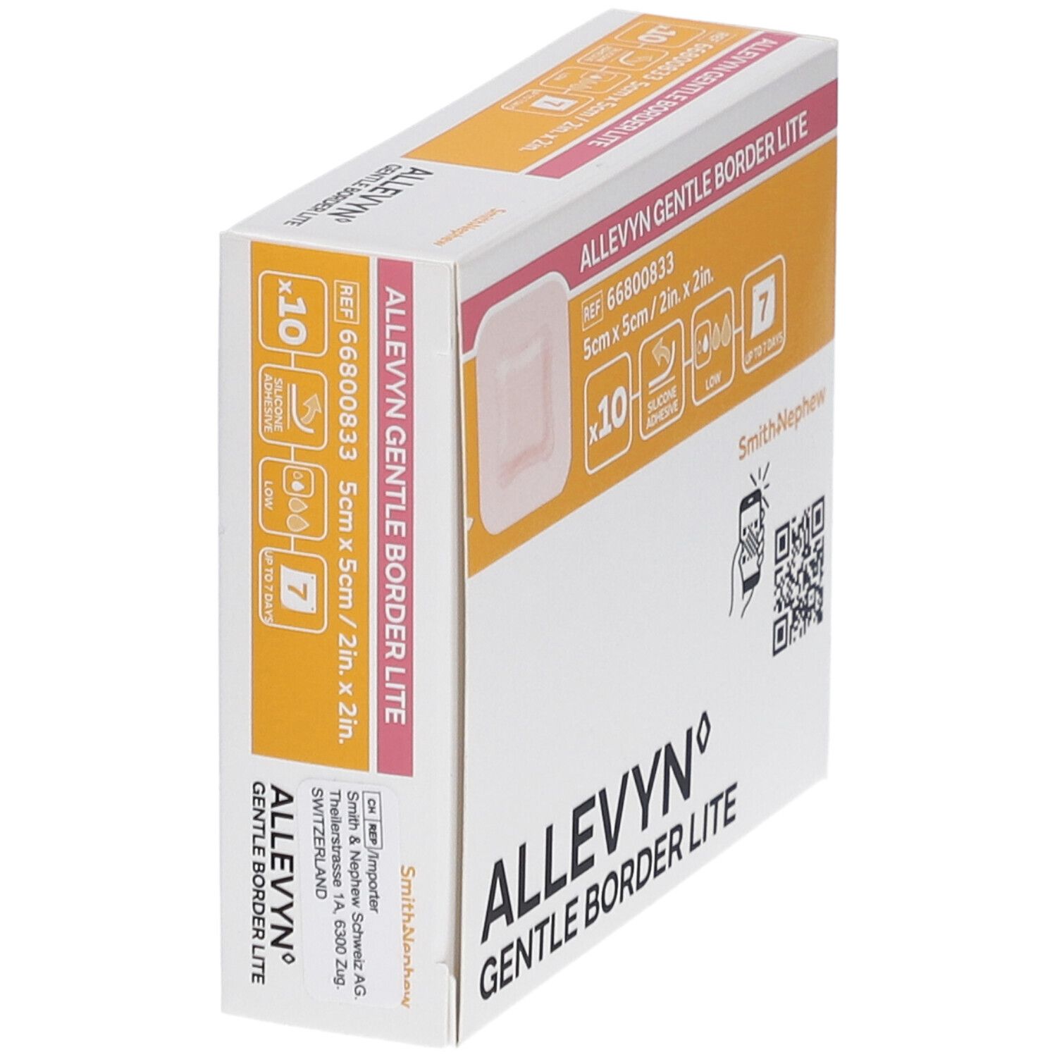 Schräg gestellte Verpackung von Allevyn Gentle Border Lite. Zeigt Produktbild, Größe 5x5cm, 10 Stück, bis zu 7 Tage. Mit QR-Code.
