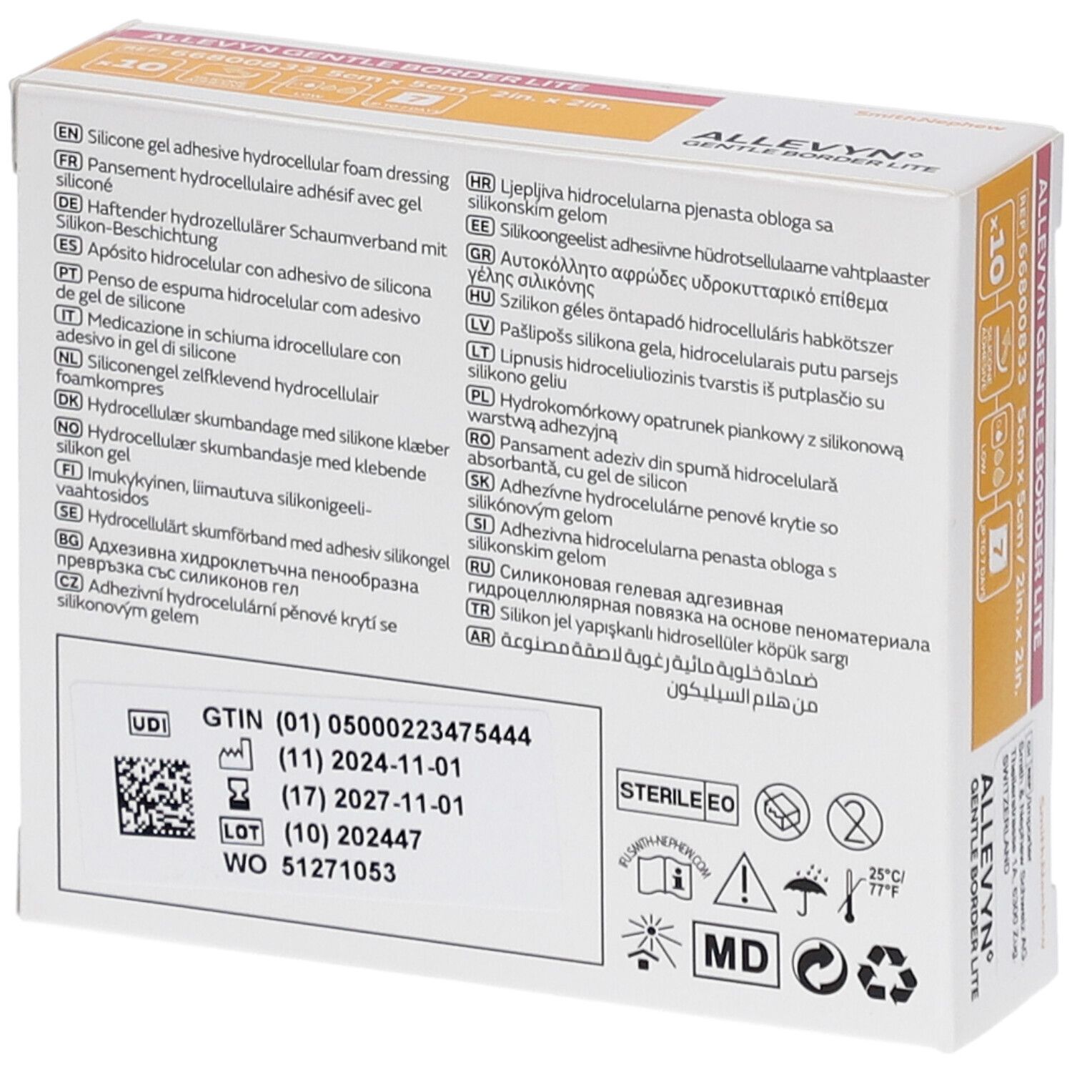 Rückseite der Verpackung von Allevyn Gentle Border Lite. Enthält Text in mehreren Sprachen, darunter Deutsch und Englisch.