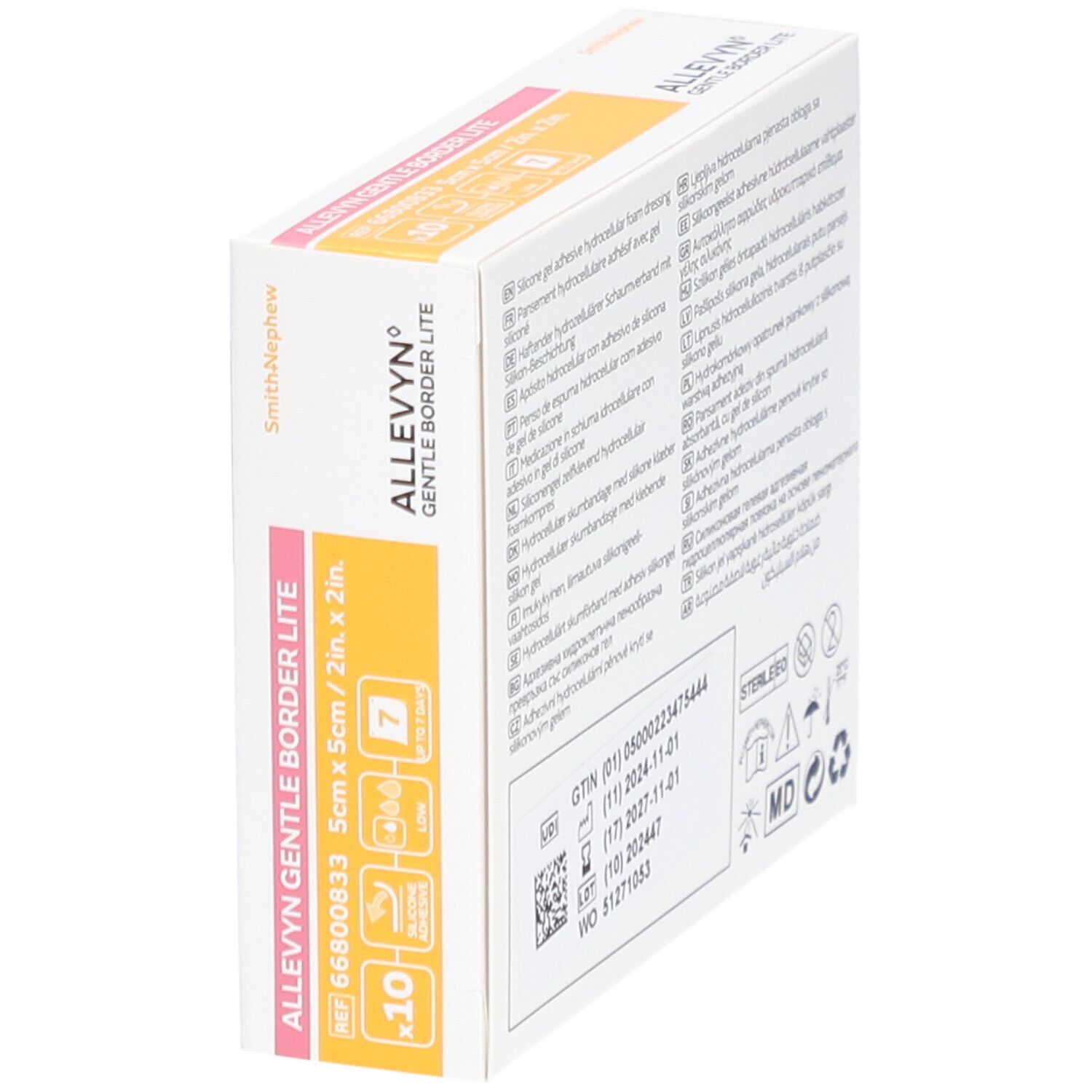 Schräg gestellte Verpackung von Allevyn Gentle Border Lite. Zeigt Produktbild, Größe 5x5cm, 10 Stück, bis zu 7 Tage. Mit QR-Code.