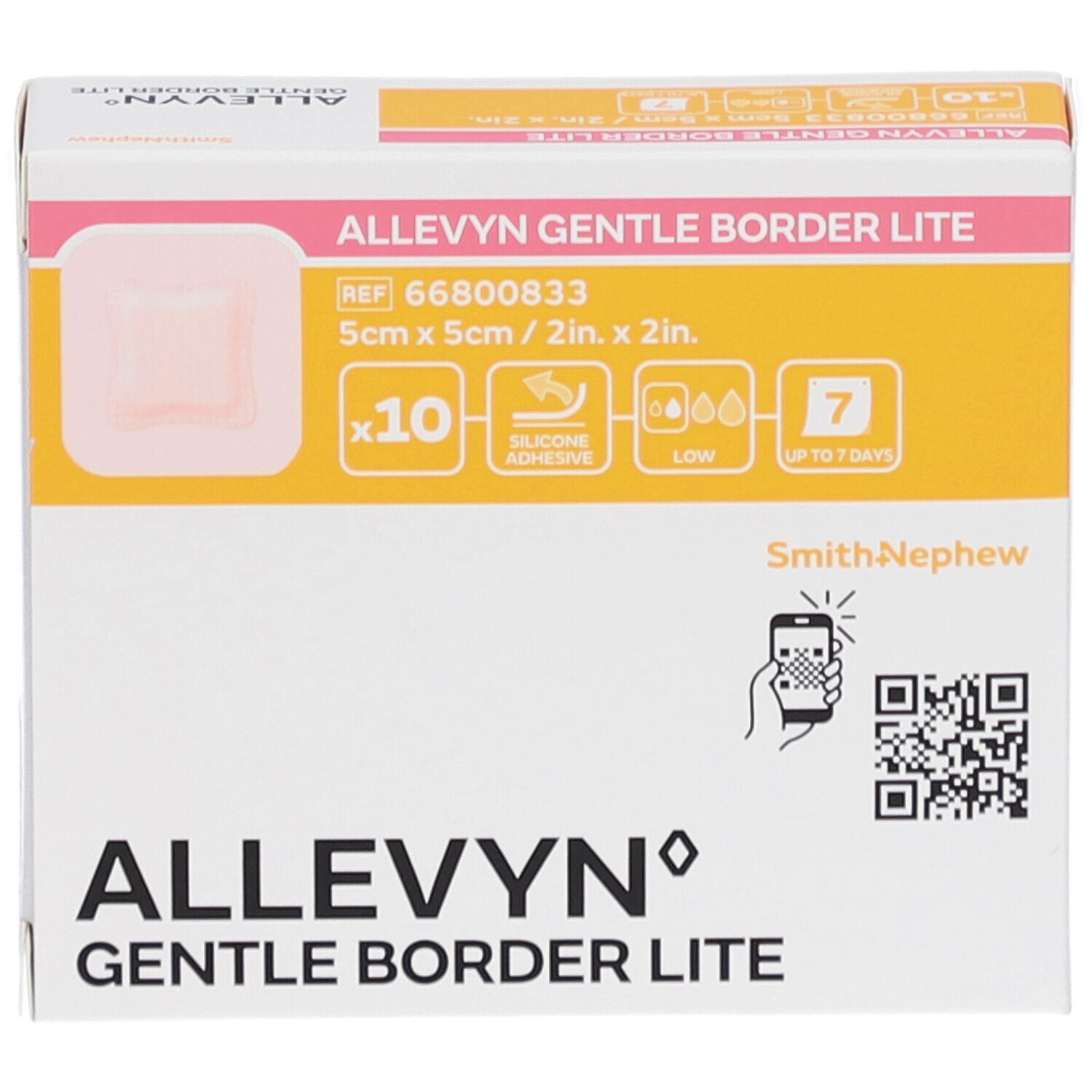 Verpackung von Allevyn Gentle Border Lite. Zeigt ein Produktbild, Größe 5x5cm, 10 Stück, bis zu 7 Tage. Mit QR-Code.