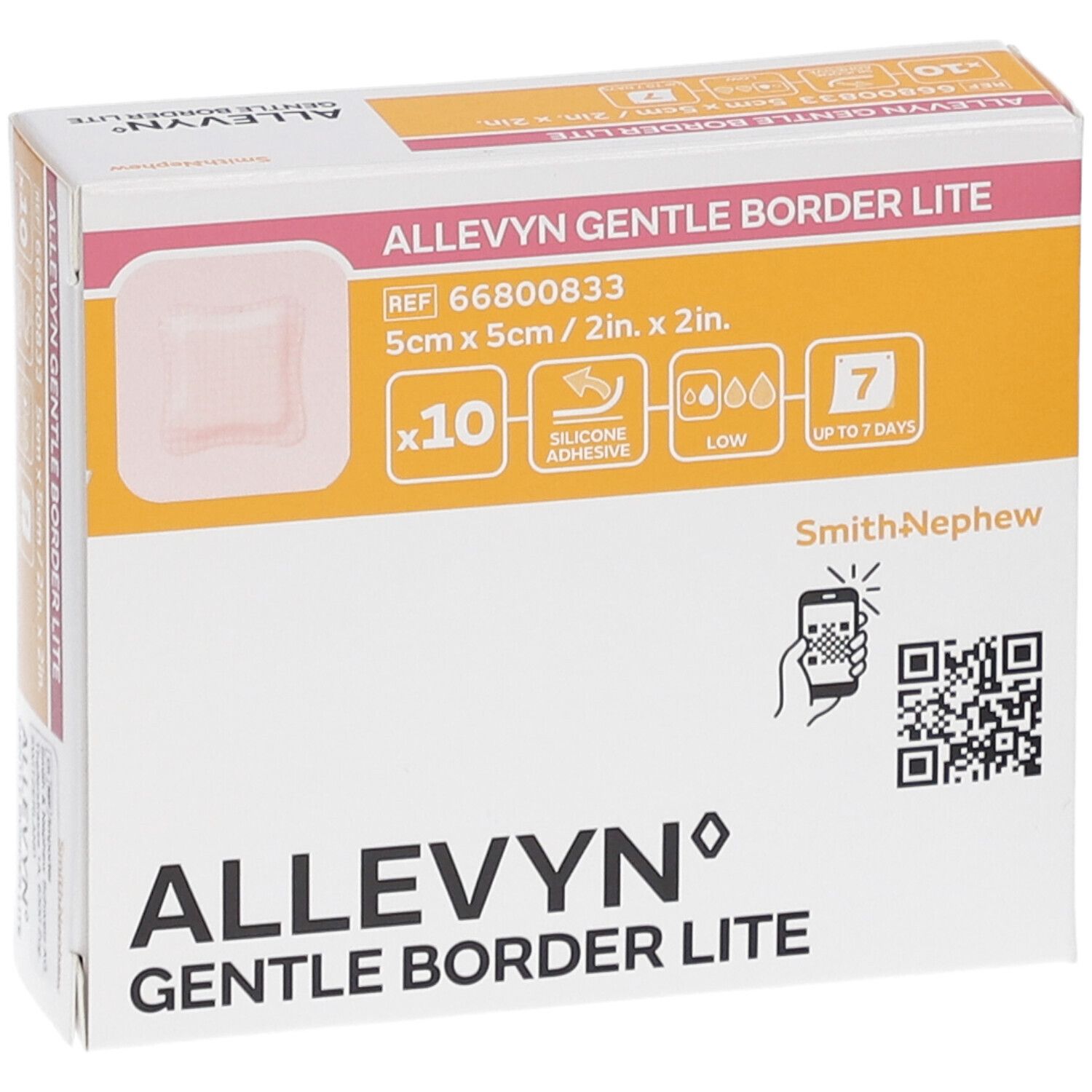 Verpackung von Allevyn Gentle Border Lite. Zeigt ein Produktbild, Größe 5x5cm, 10 Stück, bis zu 7 Tage. Mit QR-Code.