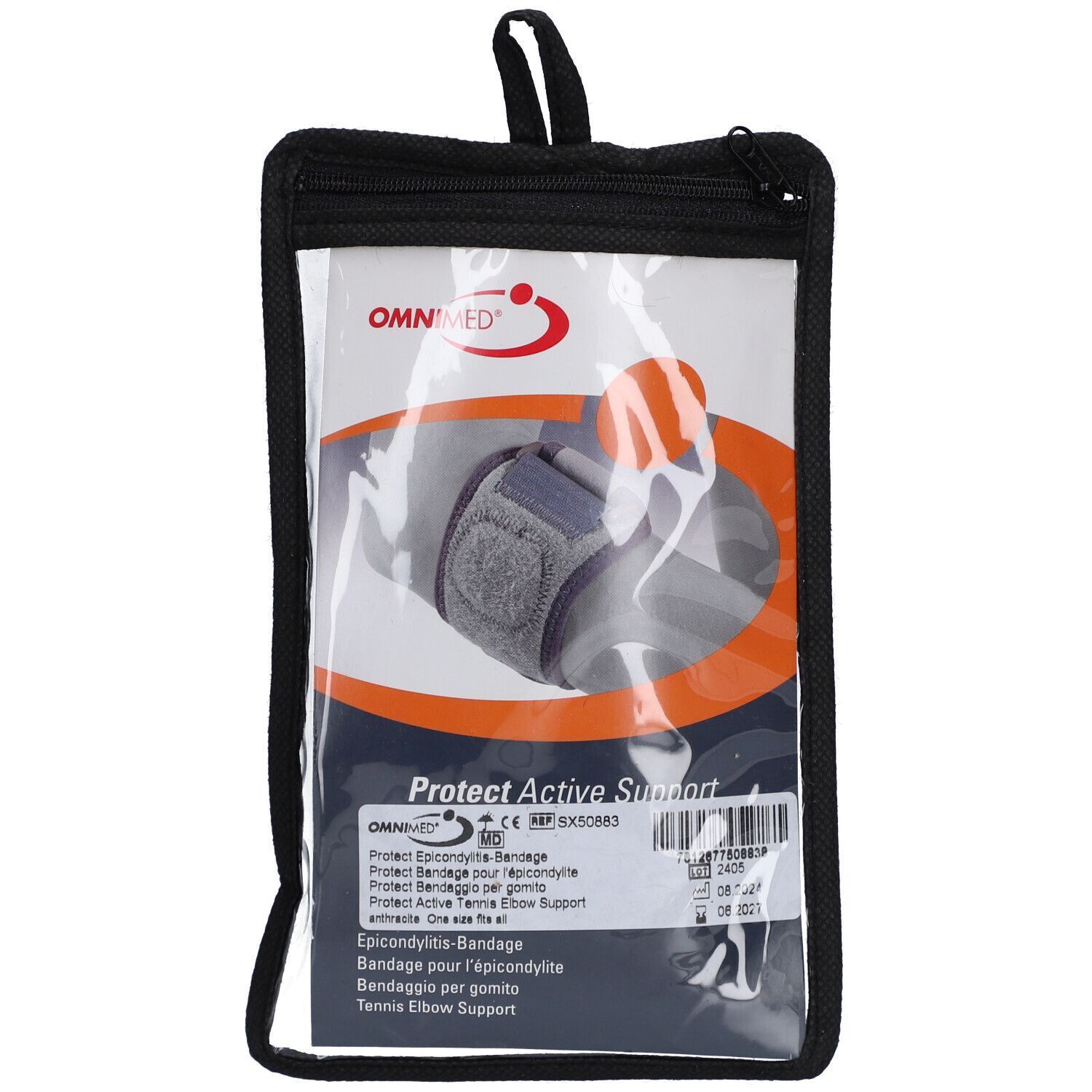 Bandage in schwarzer Tasche. Sichtbar: Logo, Produktname, Text in mehreren Sprachen. CE-Kennzeichnung.