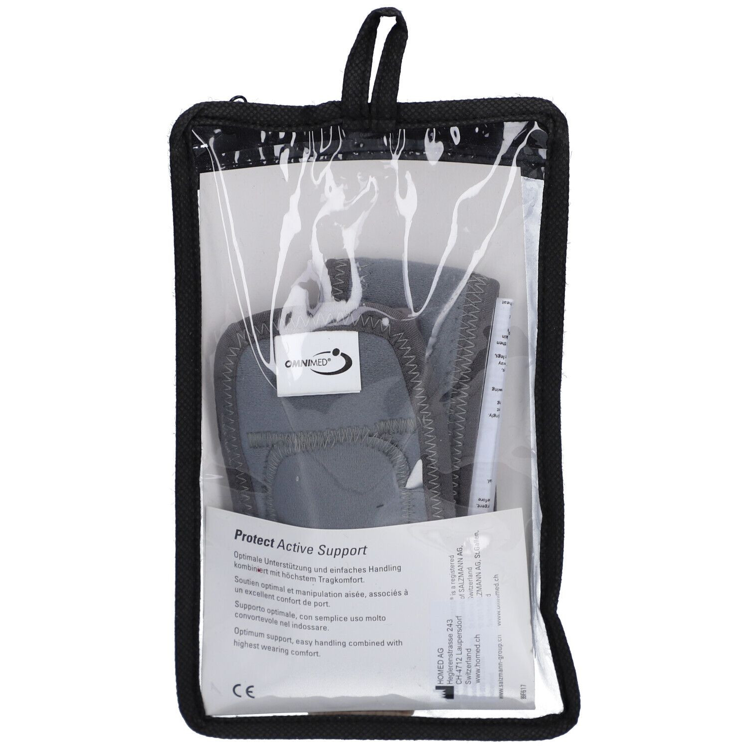 Bandage in schwarzer Tasche. Sichtbar: Logo, Produktname, Text in mehreren Sprachen. CE-Kennzeichnung.