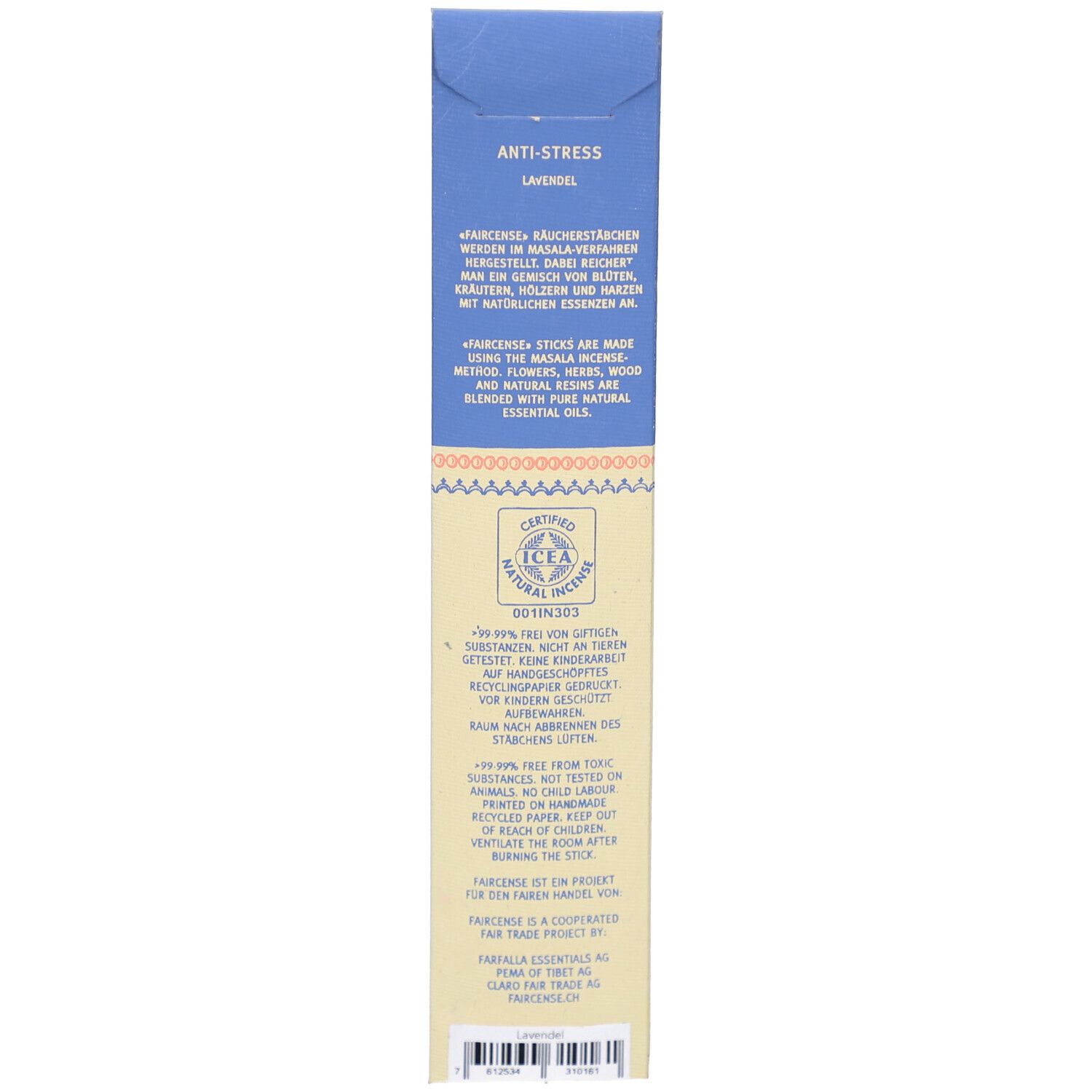 Rückseite der Verpackung. Oben blau mit Text: Anti-Stress, Lavendel. Text in Deutsch und Englisch. ICADA-Zertifizierung. Text über Inhaltsstoffe und Fair Trade.