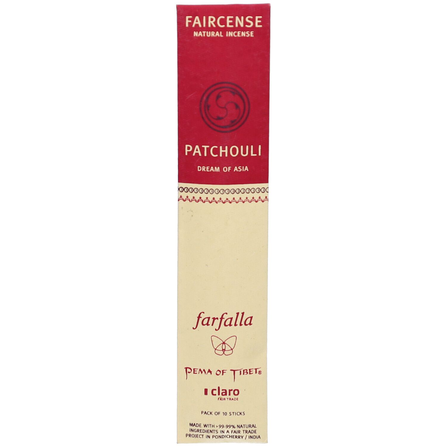 Verpackung mit Räucherstäbchen. Roter Streifen mit "FAIRCENSE" und "Patchouli". "Farfalla" Logo und "Pema of Tibet" Text.