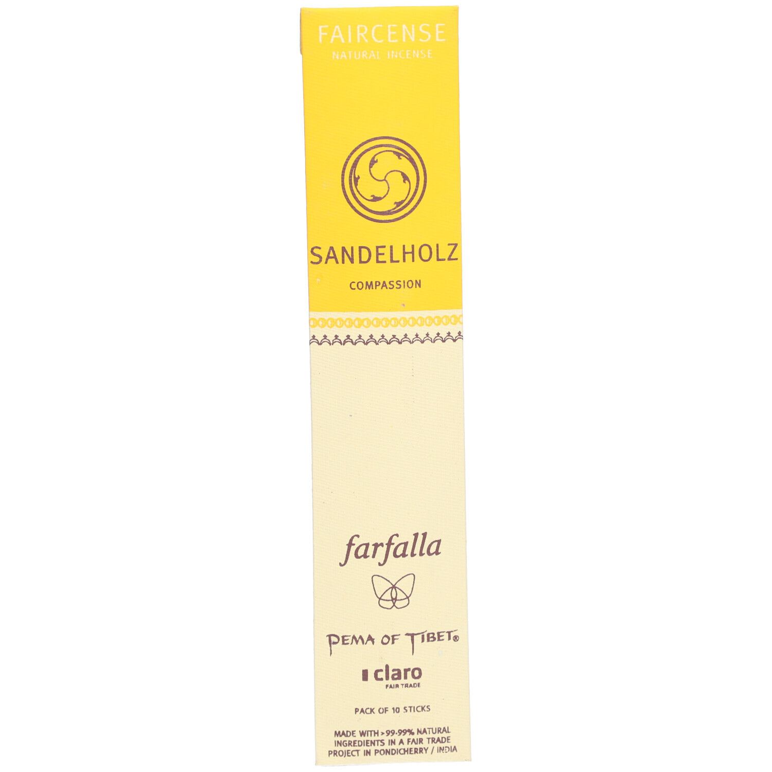 Gelbe Verpackung mit Sandelholz-Räucherstäbchen. Schriftzug: FAIRCENSE, Sandelholz, farfalla, Pema of Tibet, claro. Packung mit 10 Stäbchen.