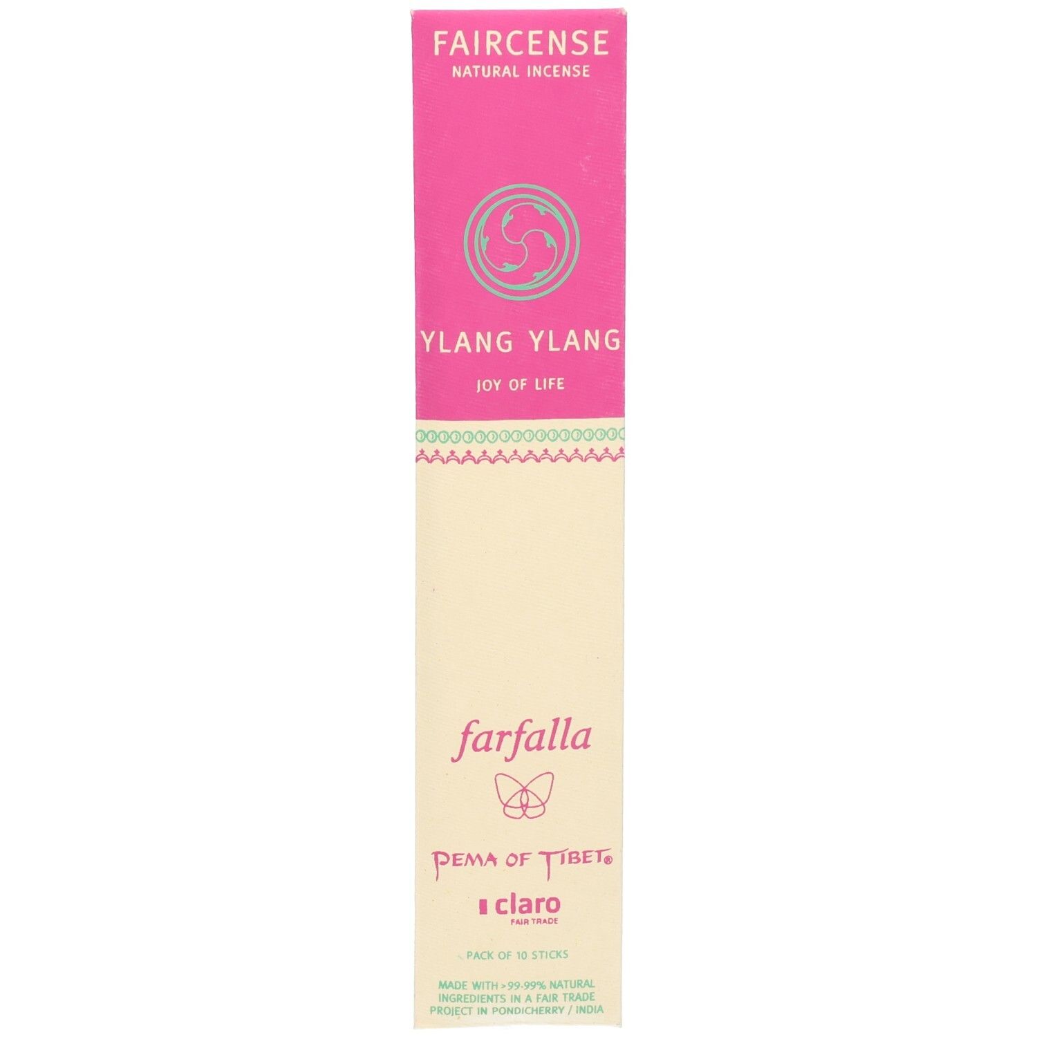 Verpackung mit rosa Akzenten. Aufschrift: Faircense, Ylang Ylang, Joy of Life, Farfalla. 10 Räucherstäbchen.