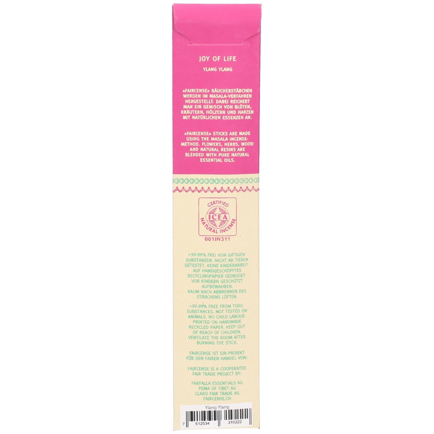 Rückseite der Verpackung. Text: Ylang Ylang, Joy of Life. Zertifizierungslogo. Text über Inhaltsstoffe und fairen Handel.