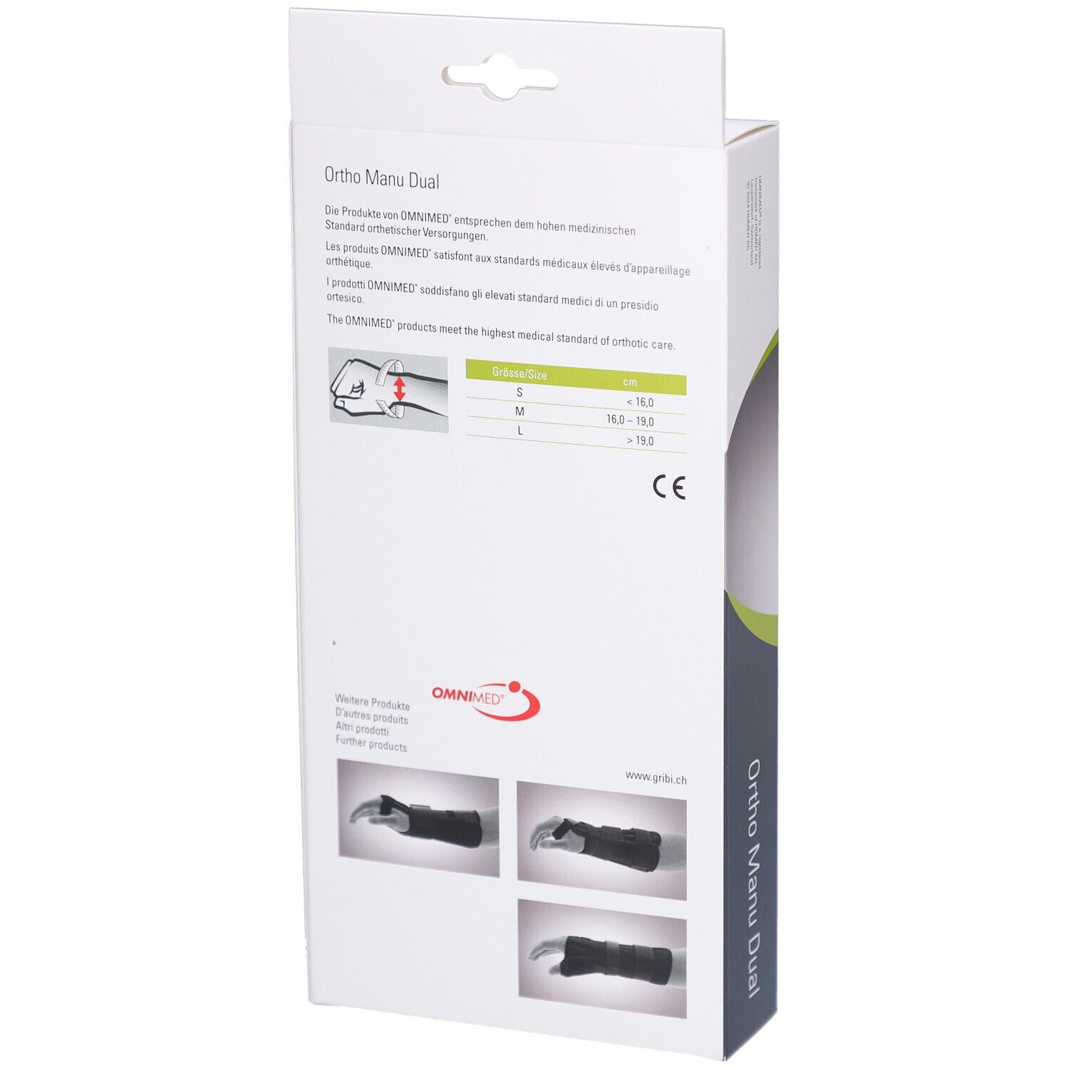 Dos de l'emballage. Nom du produit Ortho Manu Dual. Informations sur les tailles et la certification. Illustrations du produit.