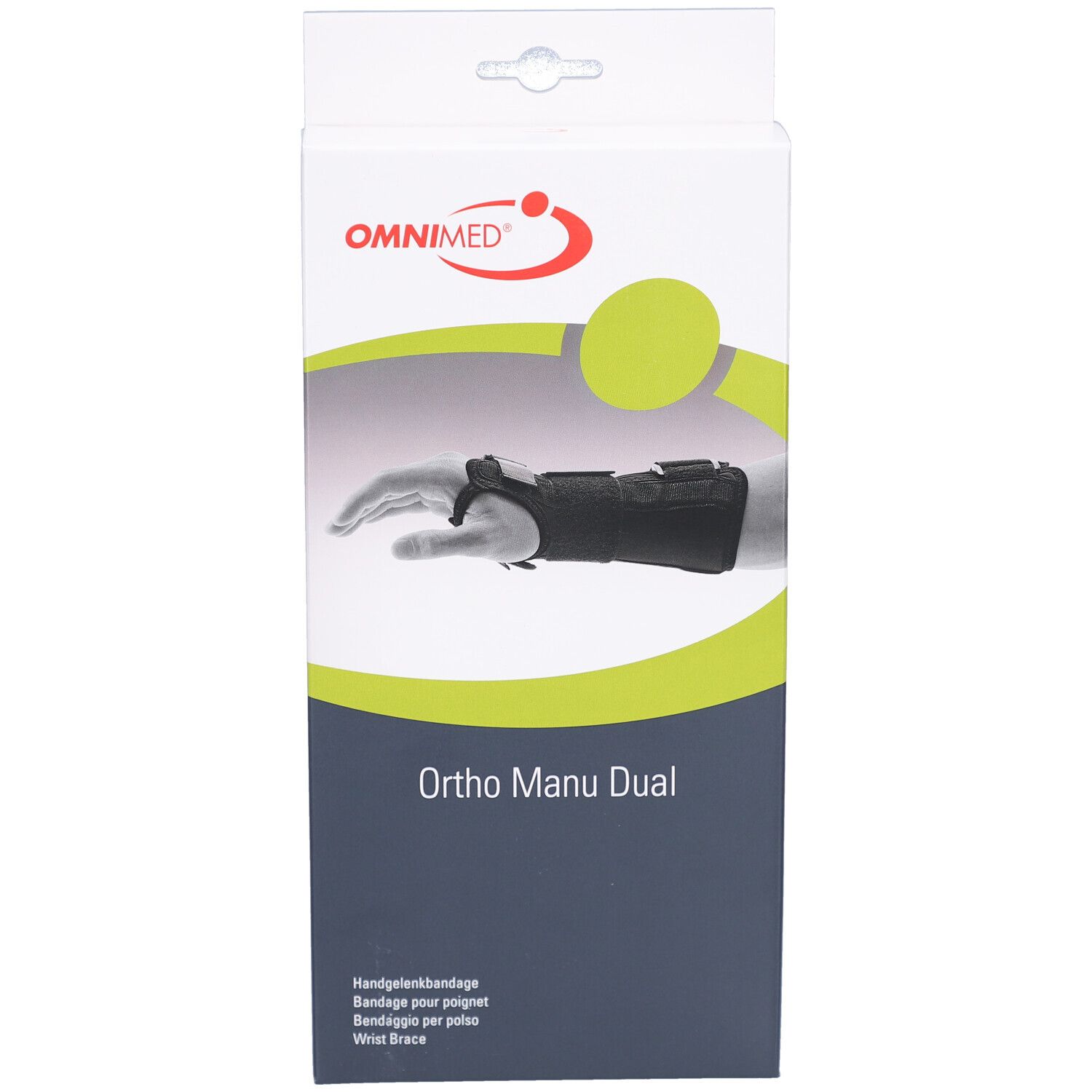 Emballage de l'orthèse de poignet. Logo OMNIMED et nom du produit Ortho Manu Dual. Illustration de l'orthèse sur un poignet.