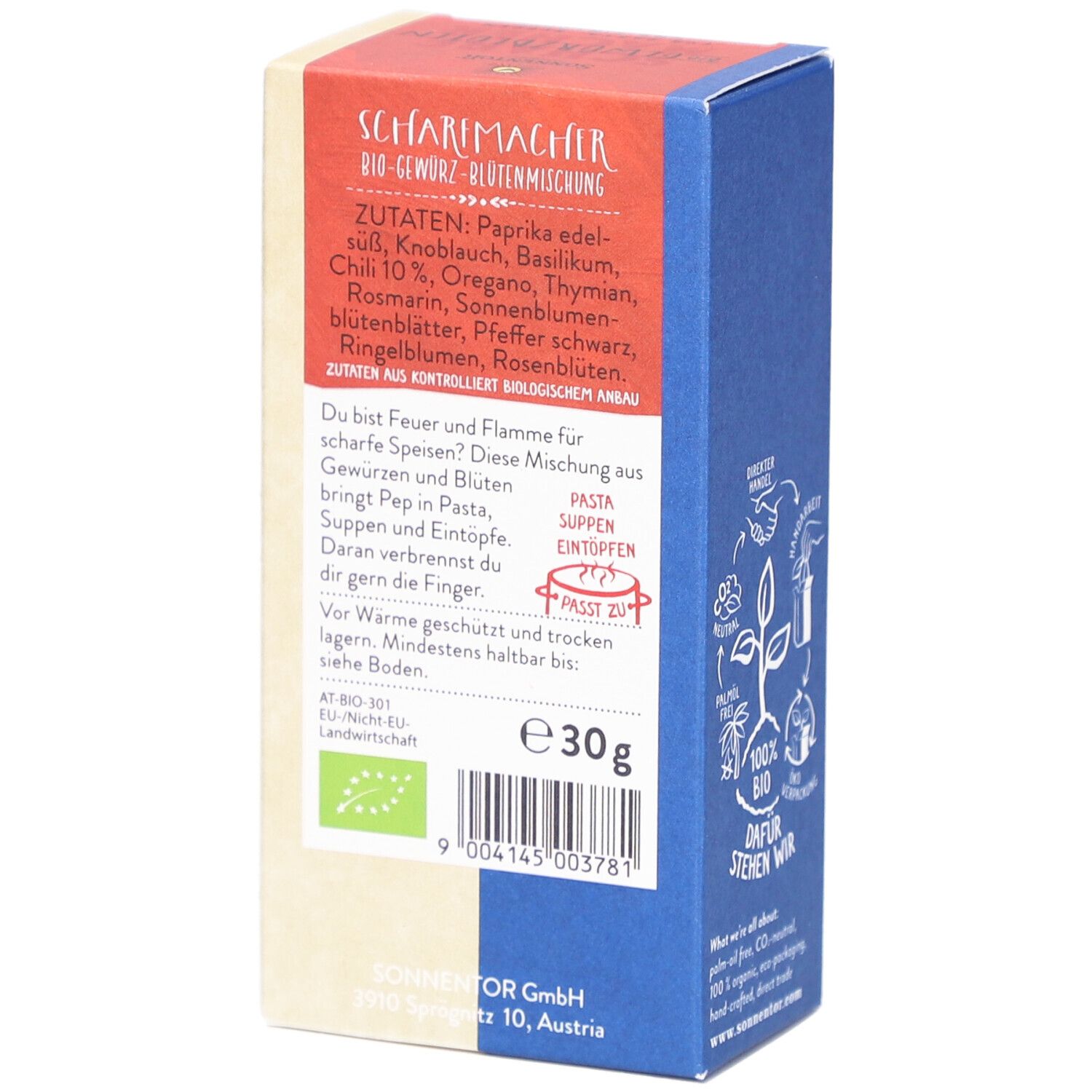 Rückseite der Sonnentor Scharfmacher Gewürzblüten Box. Zutatenliste, Gewicht 30g, Bio-Siegel. Text in Deutsch.