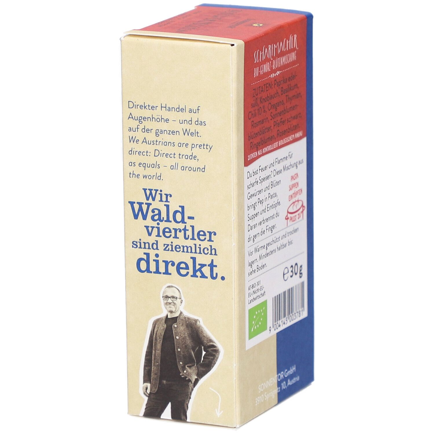 Seite der Sonnentor Scharfmacher Gewürzblüten Box. Text in Deutsch. Abbildung einer Person.