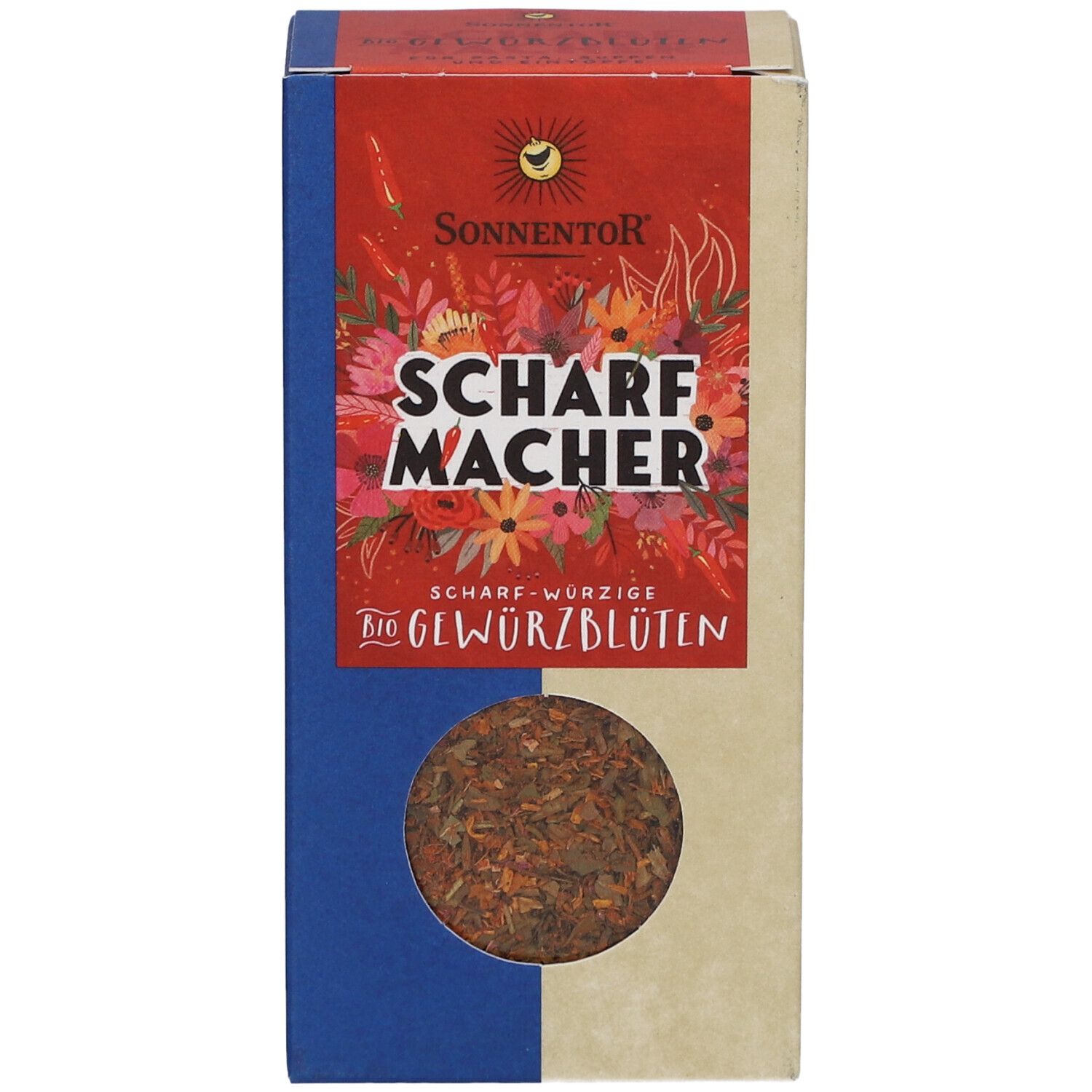 Vorderansicht der Sonnentor Scharfmacher Gewürzblüten Box. Rote, blaue und beige Farben. Produktname.