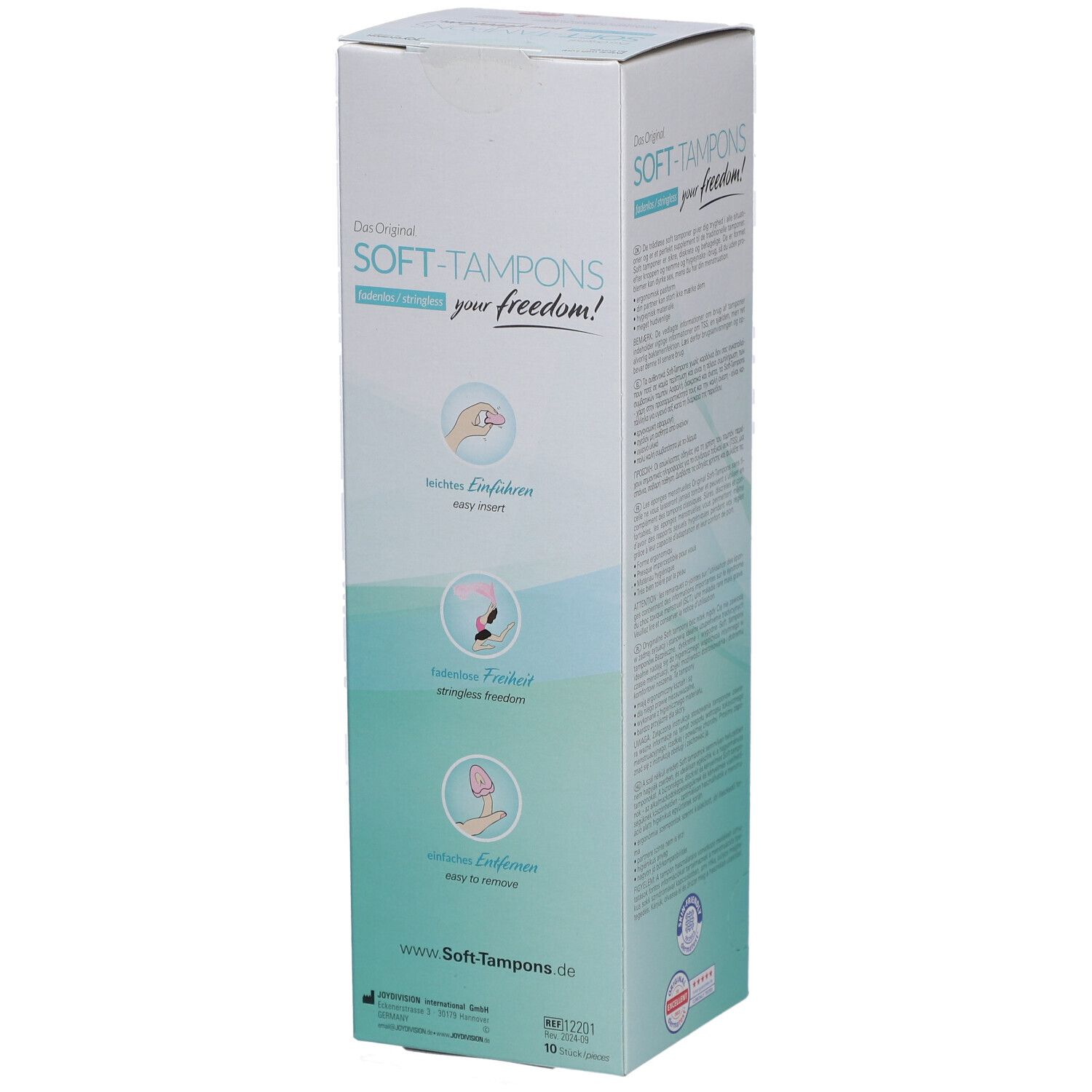 Boîte de Soft-Tampons. Texte : "SOFT-TAMPONS your freedom!" Illustrations : insertion facile, liberté sans entrave, retrait facile.