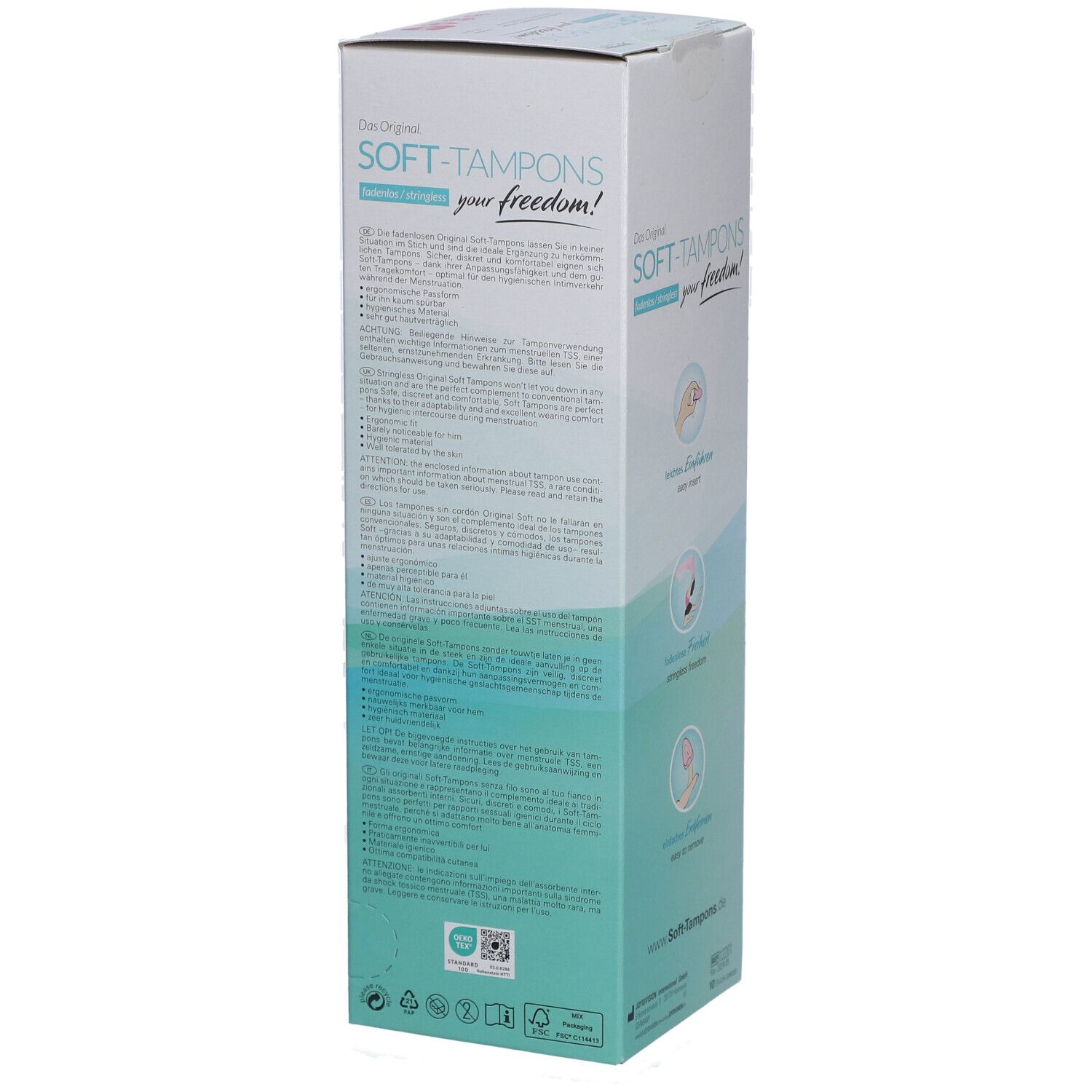 Dos de la boîte de Soft-Tampons. Texte : informations sur le produit, ingrédients, coordonnées du fabricant. Logos et certifications.