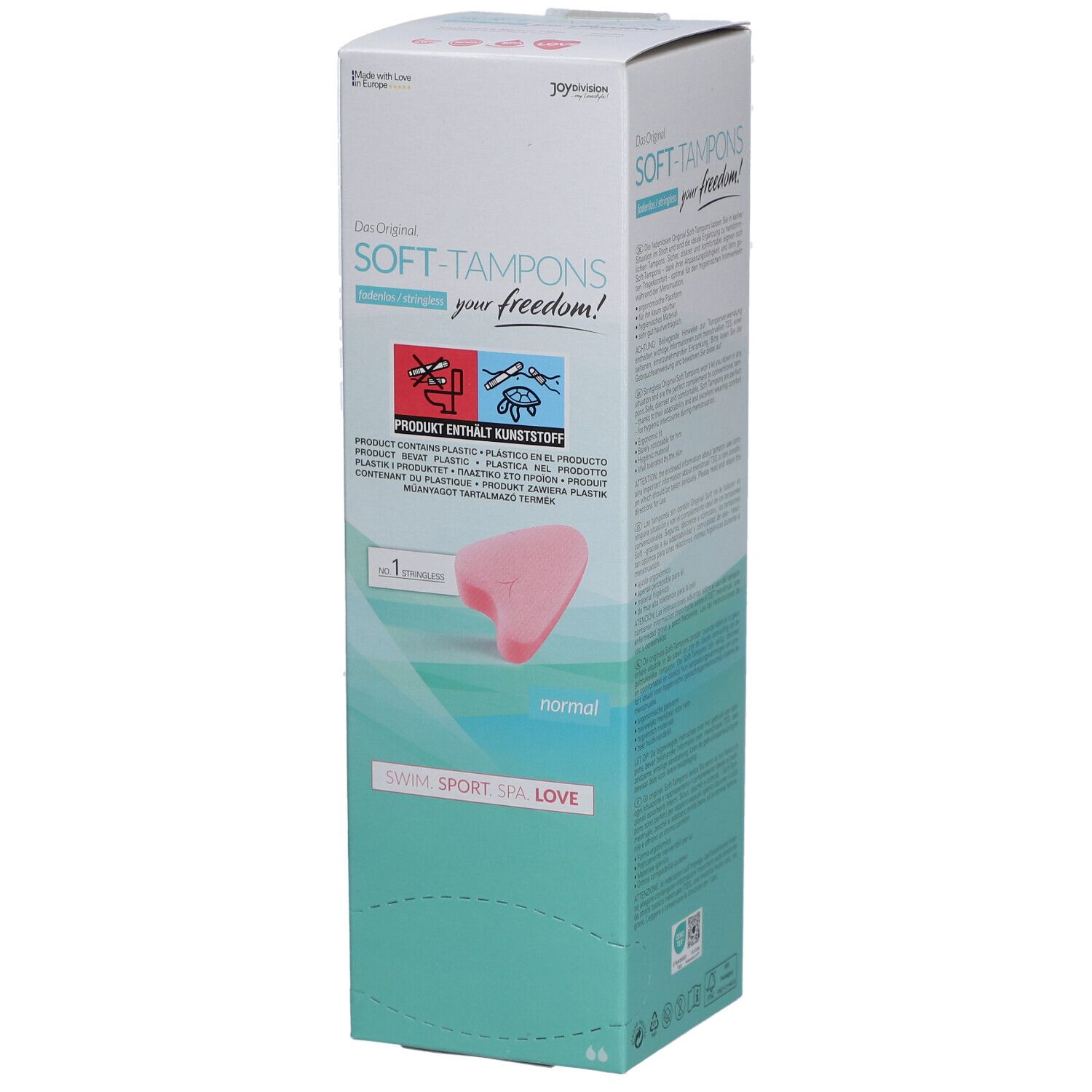 Boîte de Soft-Tampons. Texte : "SOFT-TAMPONS your freedom!" Tampon rose représenté. "normal". Logos : Sport, Sex, Love.