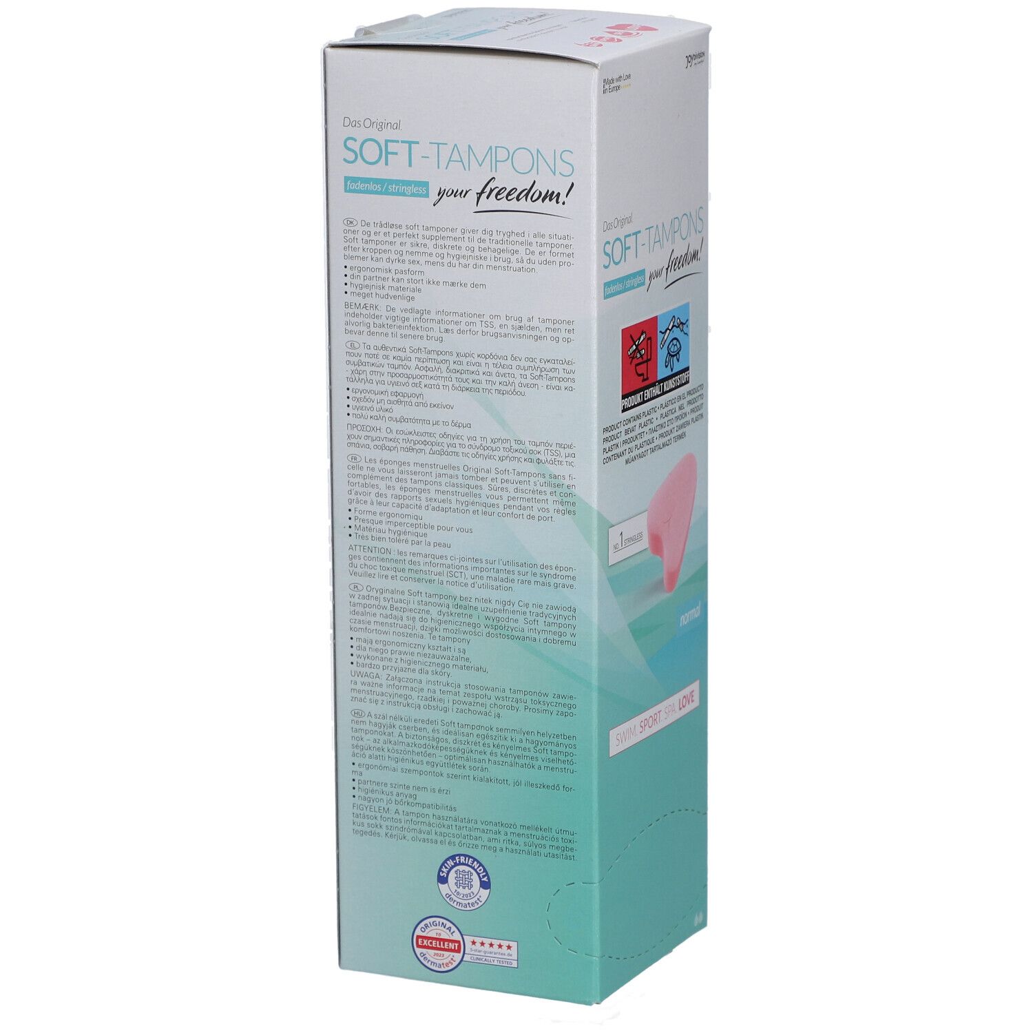 Dos de la boîte de Soft-Tampons. Texte : informations, ingrédients, coordonnées fabricant. Logos et certifications. Tampon rose.