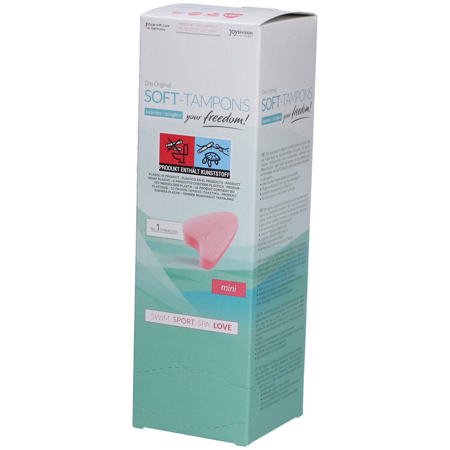 Verpackung von Soft-Tampons mini. Rosa Tampon-Modell sichtbar. Text: SWIM SPORT SPA LOVE. Produkt enthält Kunststoff.