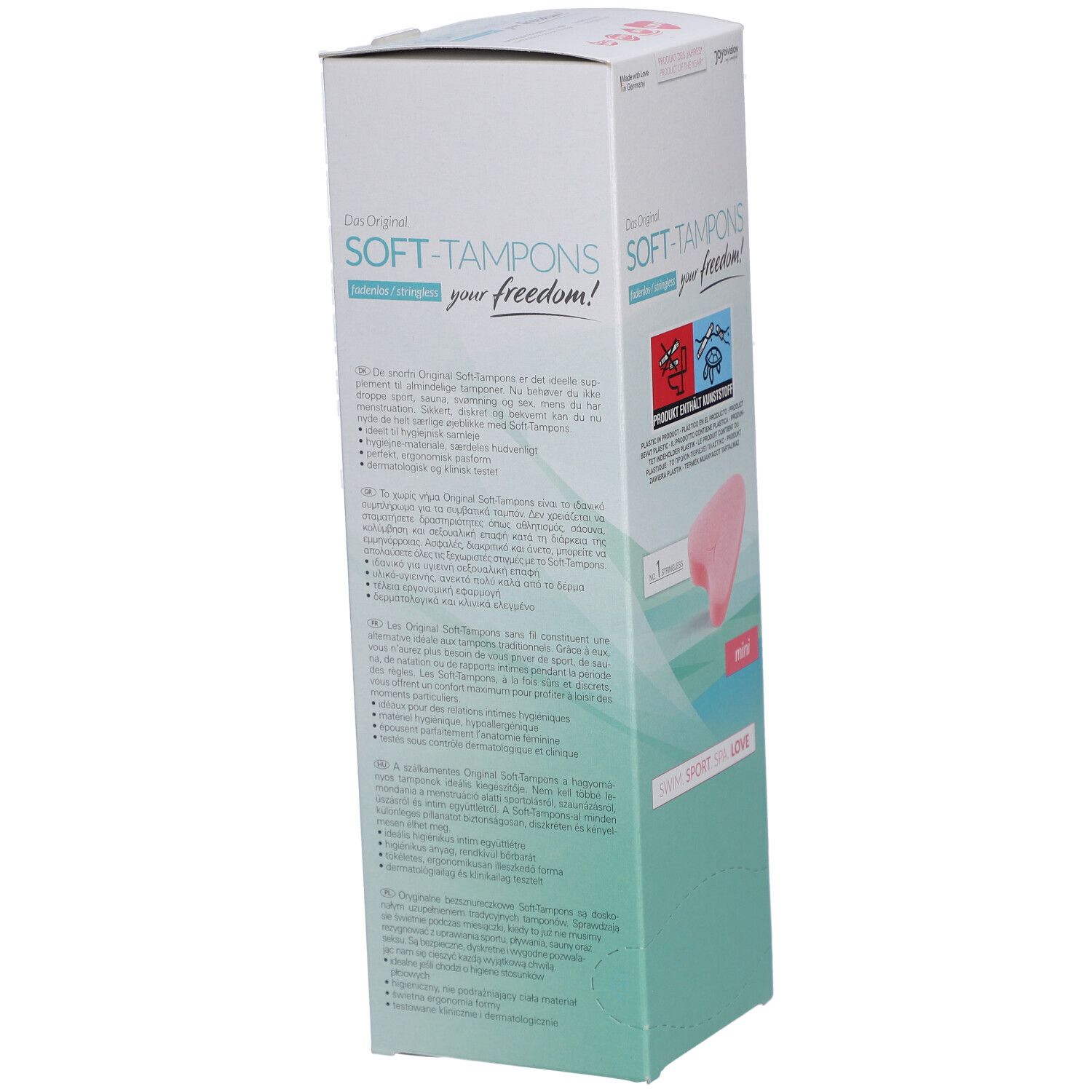 Seitenansicht der Soft-Tampons mini Verpackung. Text und Illustrationen. Produkt enthält Kunststoff. Informationen in mehreren Sprachen.