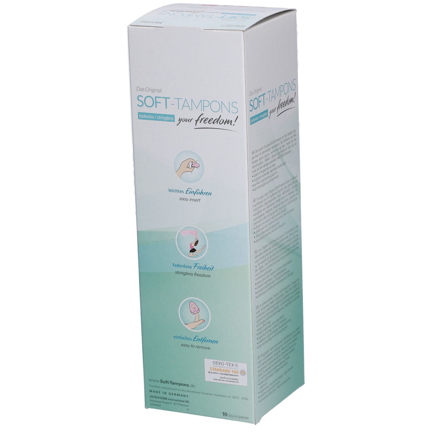 Rückseite der Soft-Tampons mini Verpackung. Illustrationen zeigen einfache Anwendung und Komfort. Text in deutscher Sprache.