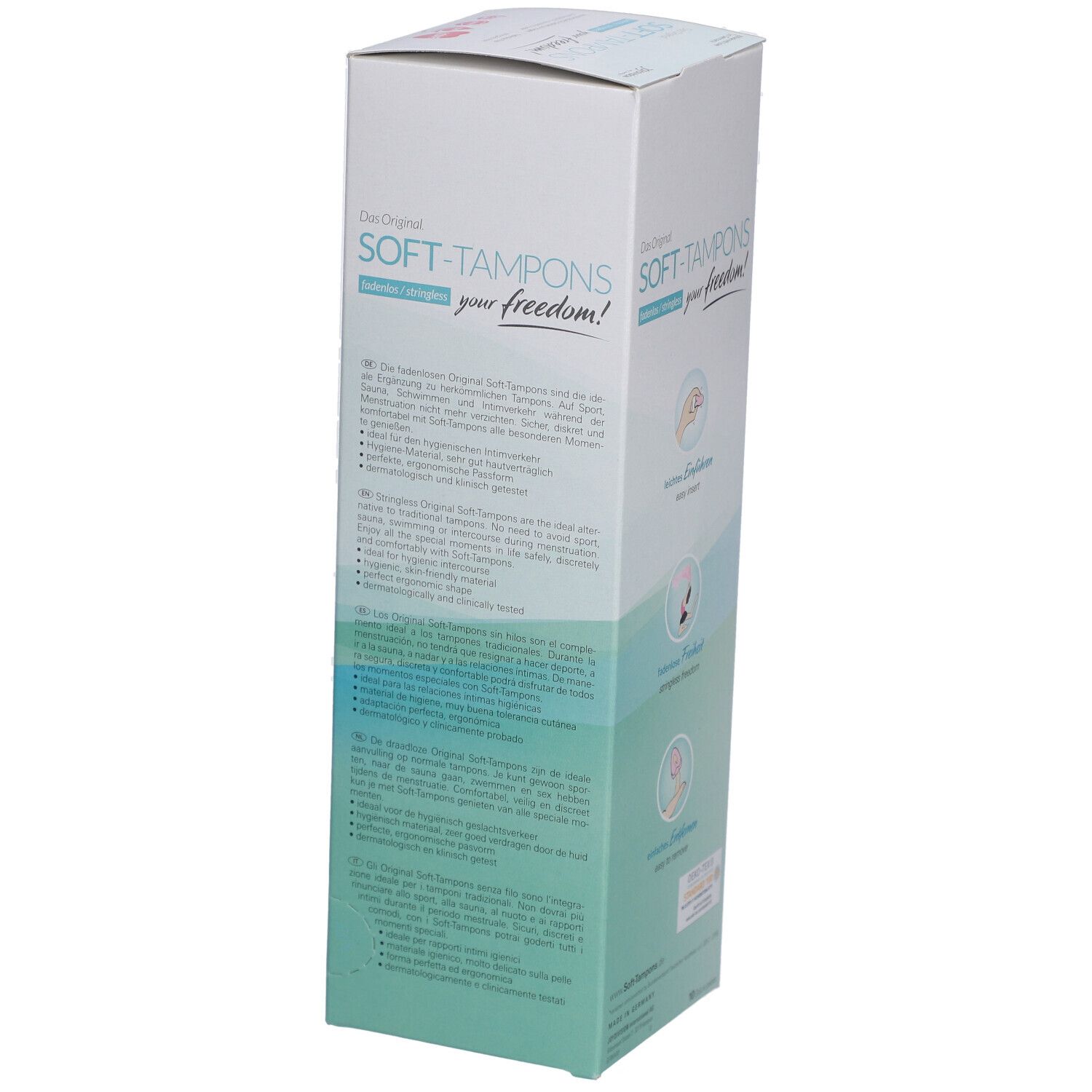 Seitenansicht der Soft-Tampons mini Verpackung. Text in mehreren Sprachen. Informationen zum Produkt.