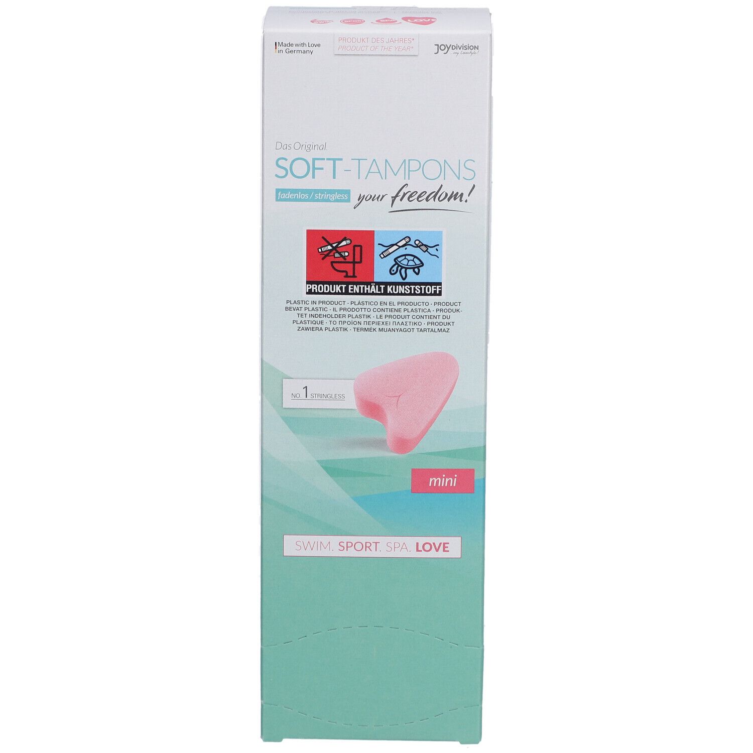 Soft-Tampons mini Verpackung. Rosa Tampon-Modell sichtbar. Text: SWIM SPORT SPA LOVE. Produkt enthält Kunststoff. Mini-Größe.