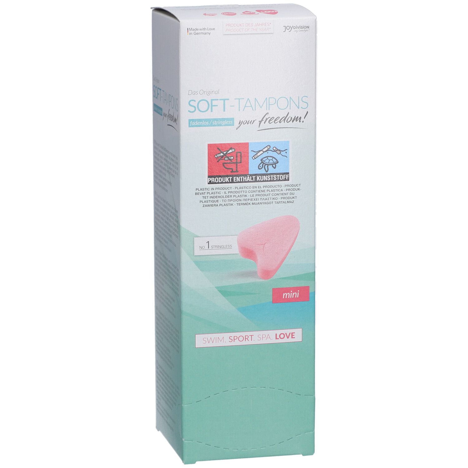 Soft-Tampons mini Verpackung. Rosa Tampon-Modell sichtbar. Text: SWIM SPORT SPA LOVE. Produkt enthält Kunststoff. Mini-Größe.