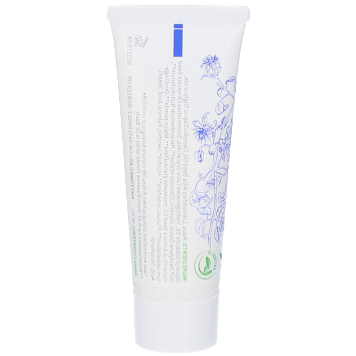 Rückseite einer weißen Tube. Text in mehreren Sprachen. Blaue florale Illustrationen.