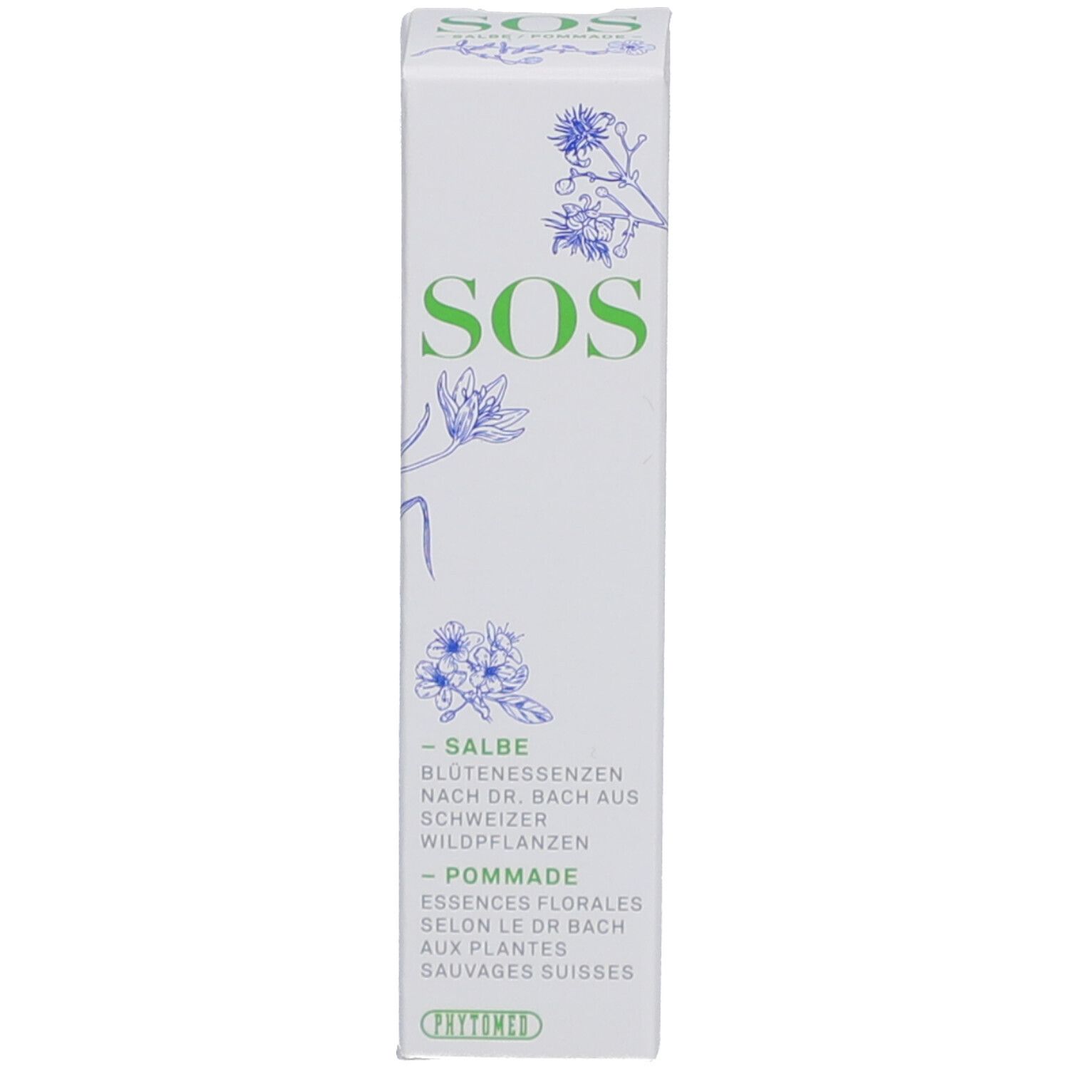 Schachtel mit grünem und blauem Aufdruck. Aufschrift "SOS" und "Pommade".