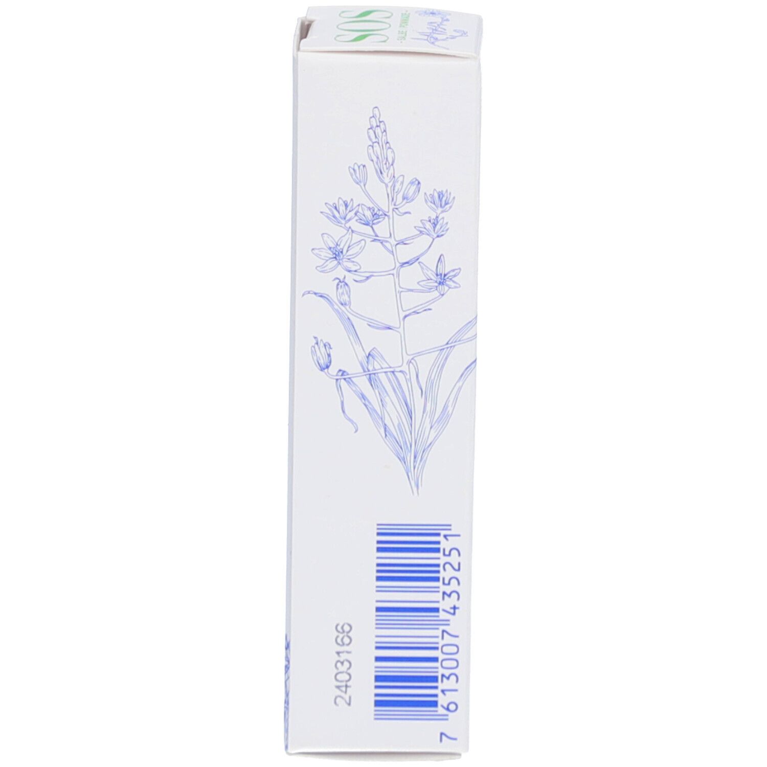Schachtel mit Barcode und Text. Blaue florale Illustrationen.