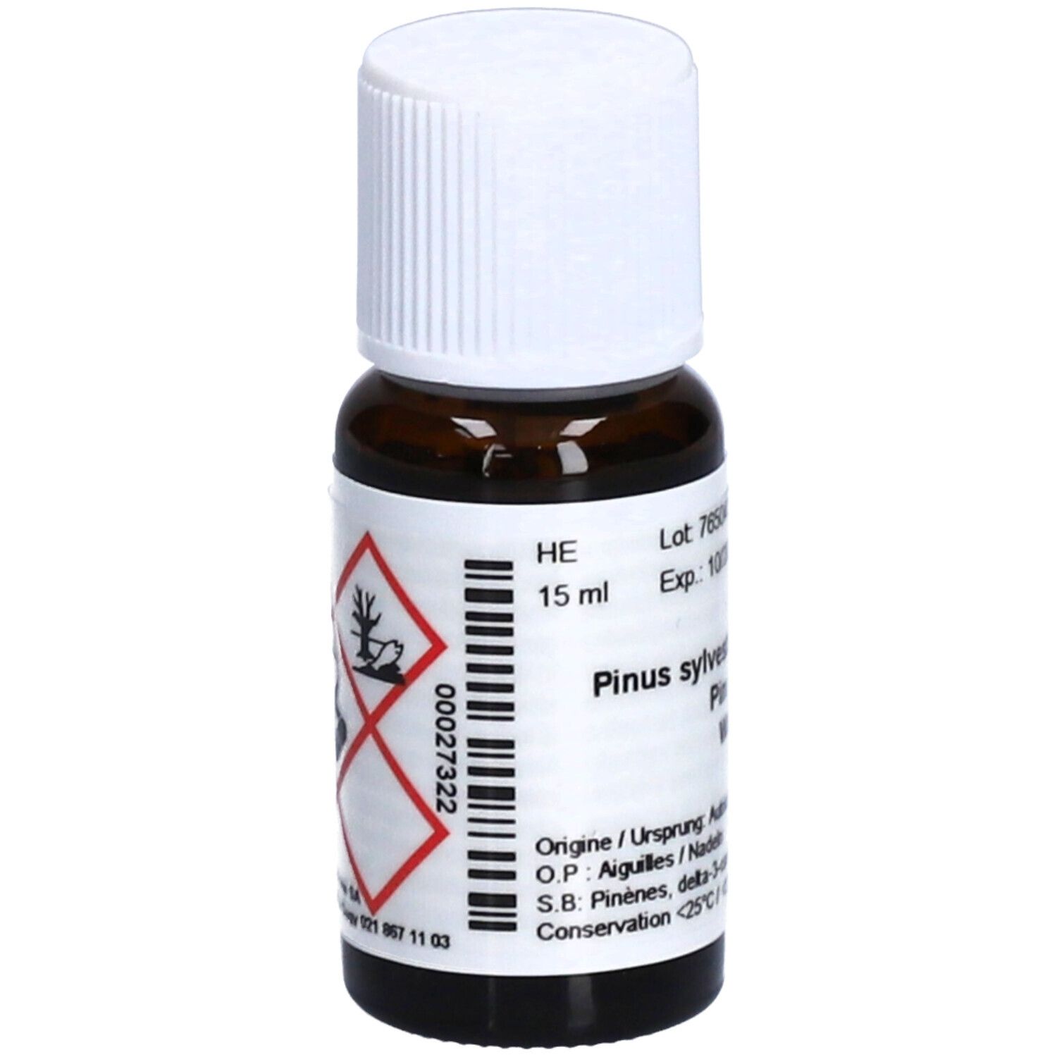 Flacon en verre brun avec bouchon blanc. Inscription: Pinus sylvestris Waldkiefer, 15 ml. Symboles de danger. Date de péremption 10/2025.