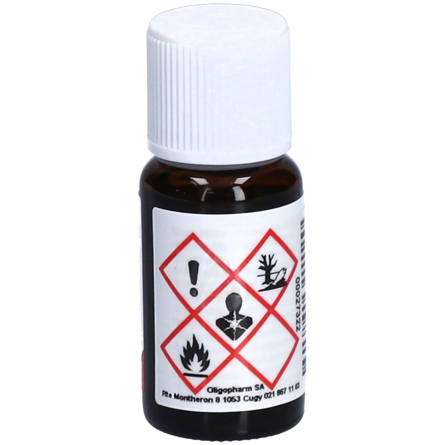Flacon en verre brun avec bouchon blanc. Symboles de danger. Inscription: Pinus sylvestris Waldkiefer. Fabricant: Oligopharm SA.