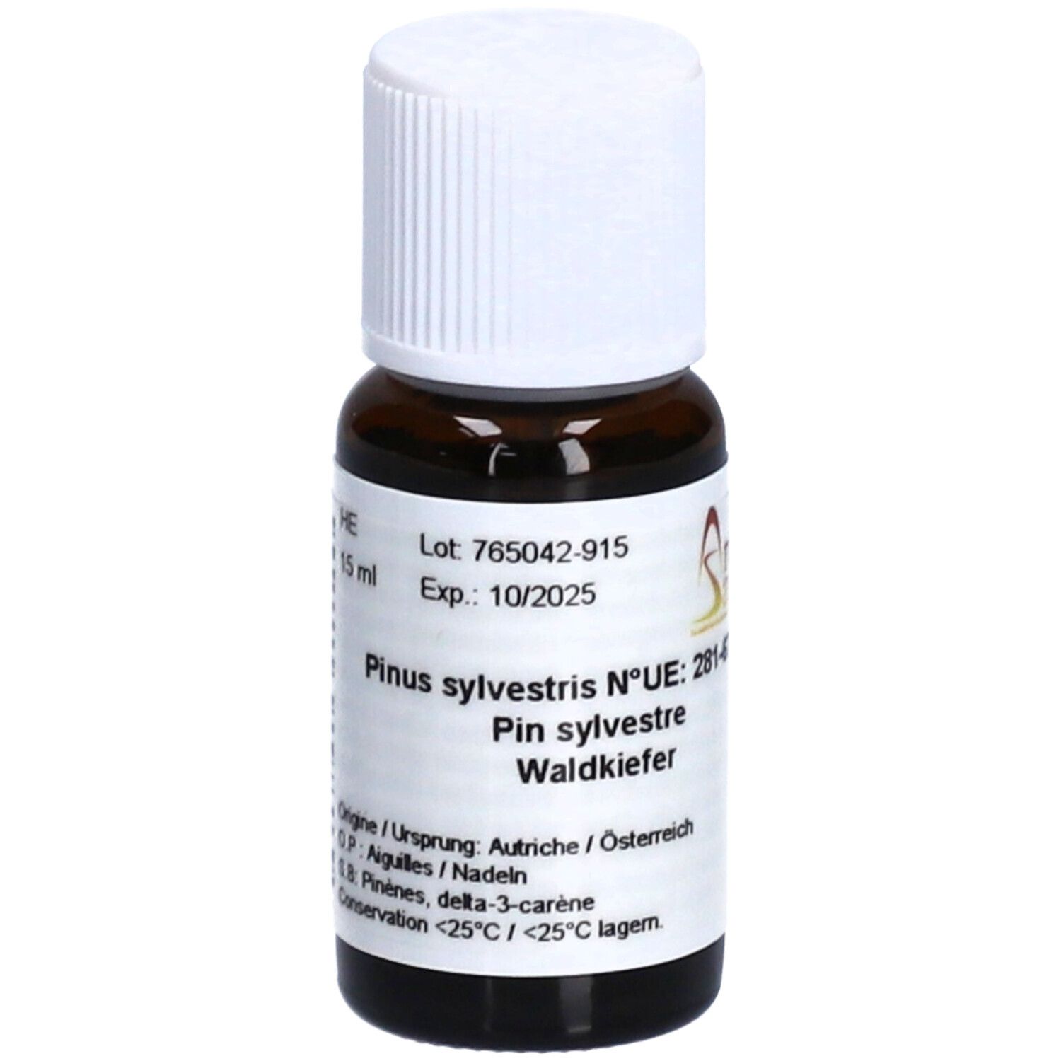 Flacon en verre brun avec bouchon blanc. Inscription: Pinus sylvestris Waldkiefer, 15 ml. Date de péremption 10/2025.