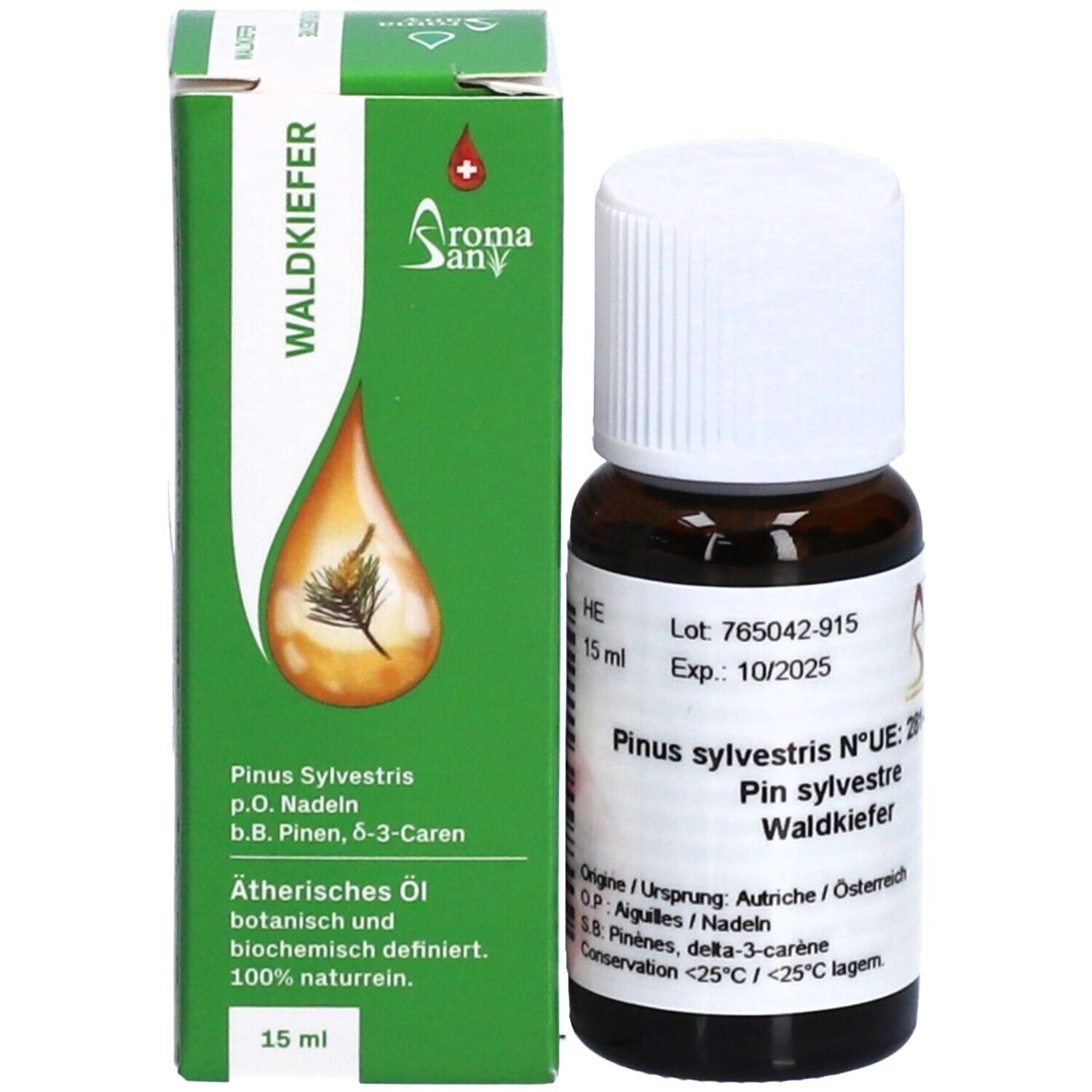 Flacon en verre brun avec bouchon blanc et emballage vert. Inscription: Waldkiefer, Aromasan, 15 ml. Huile essentielle.