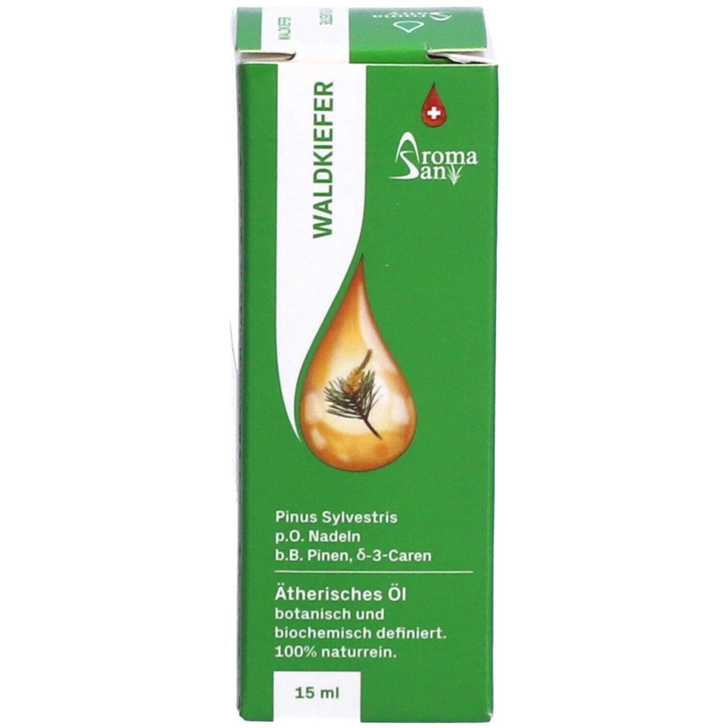 Emballage vert avec inscription: Waldkiefer, Aromasan, 15 ml. Huile essentielle. Illustration de goutte.