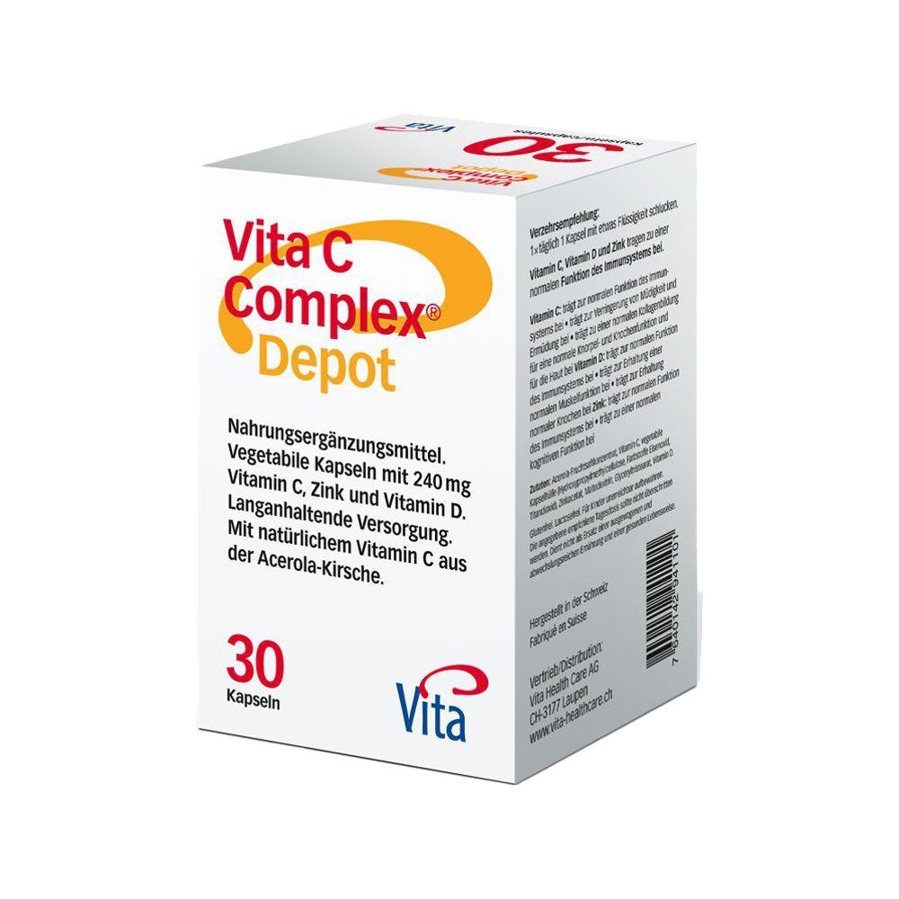 Boîte blanche Vita C Complex Depot. 30 gélules. Logo Vita.