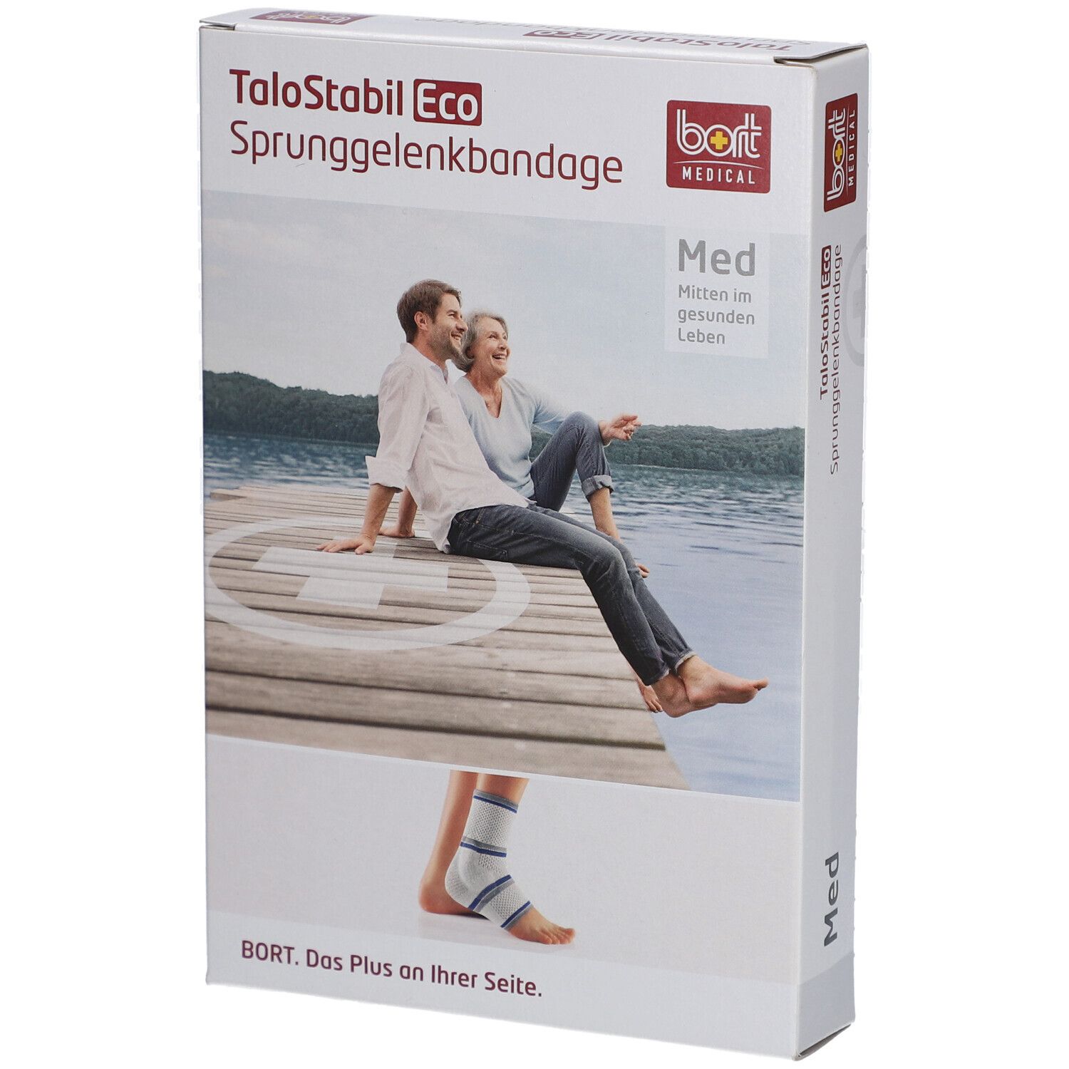 Verpackung der Sprunggelenkbandage. Aufdruck: TaloStabil Eco, bort MEDICAL, Med. Abbildung: Paar auf Steg, Bandage am Fuß.