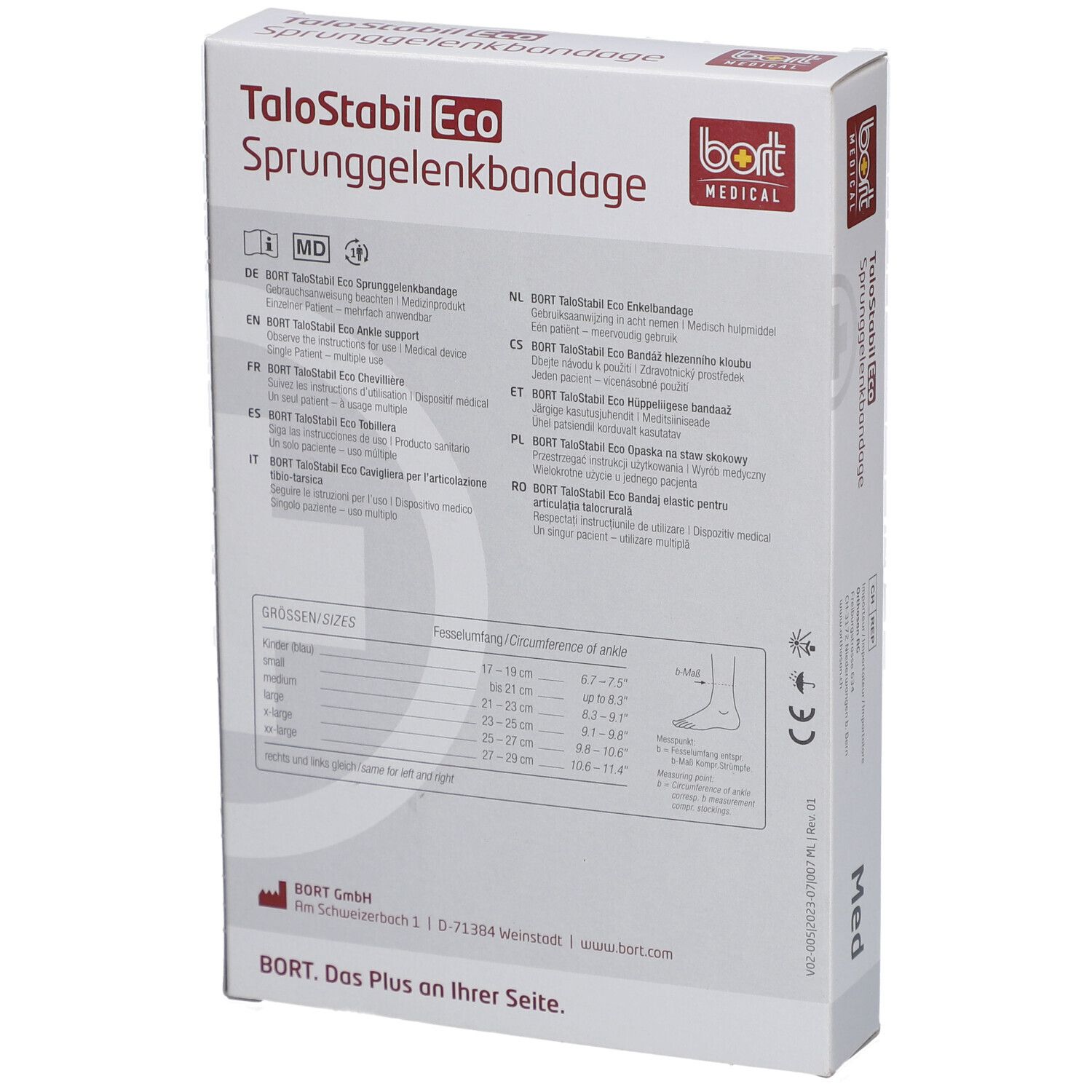Rückseite der Verpackung der Sprunggelenkbandage. Text in verschiedenen Sprachen, Größentabelle, Herstellerinformationen.