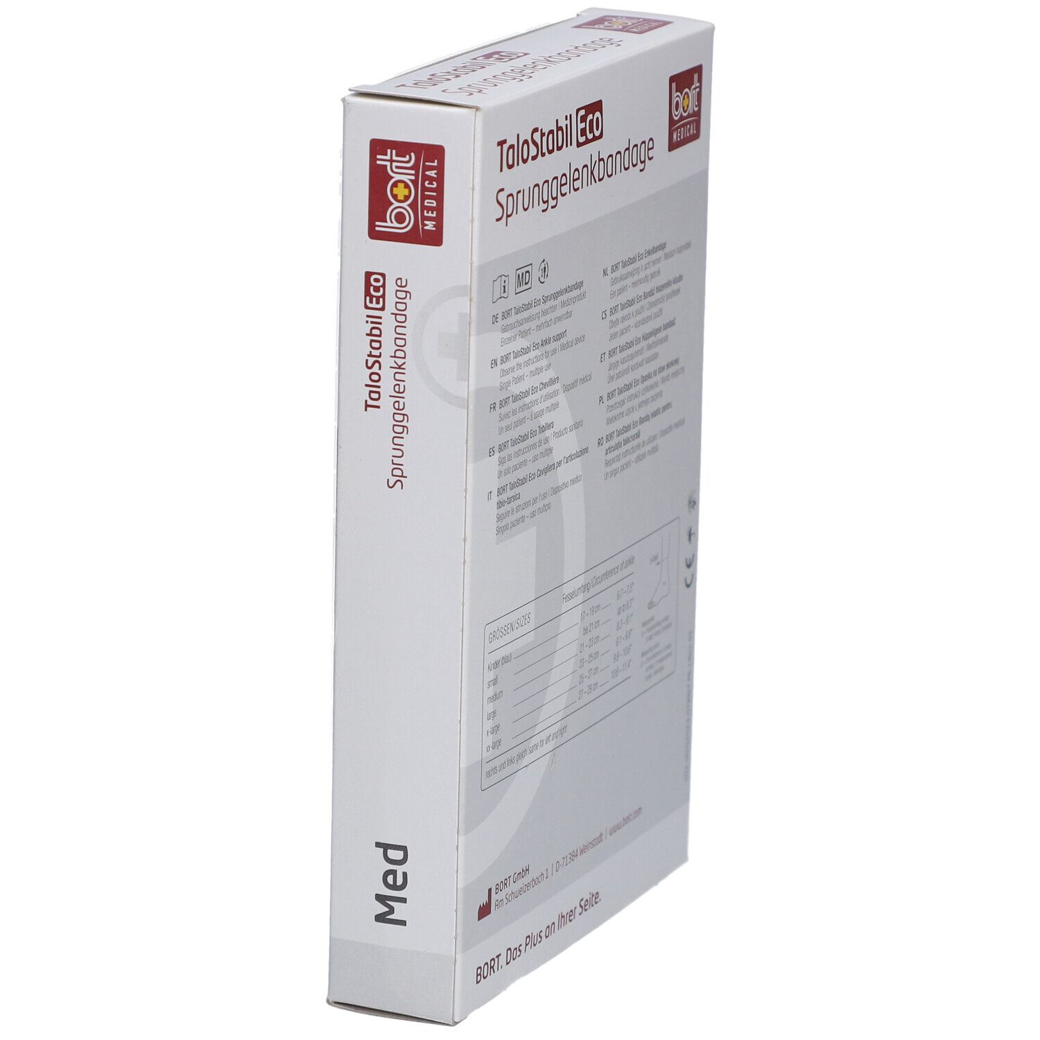 Seitenansicht der Verpackung der Sprunggelenkbandage. Aufdruck: TaloStabil Eco, bort MEDICAL, Med. Text und Produktabbildung.