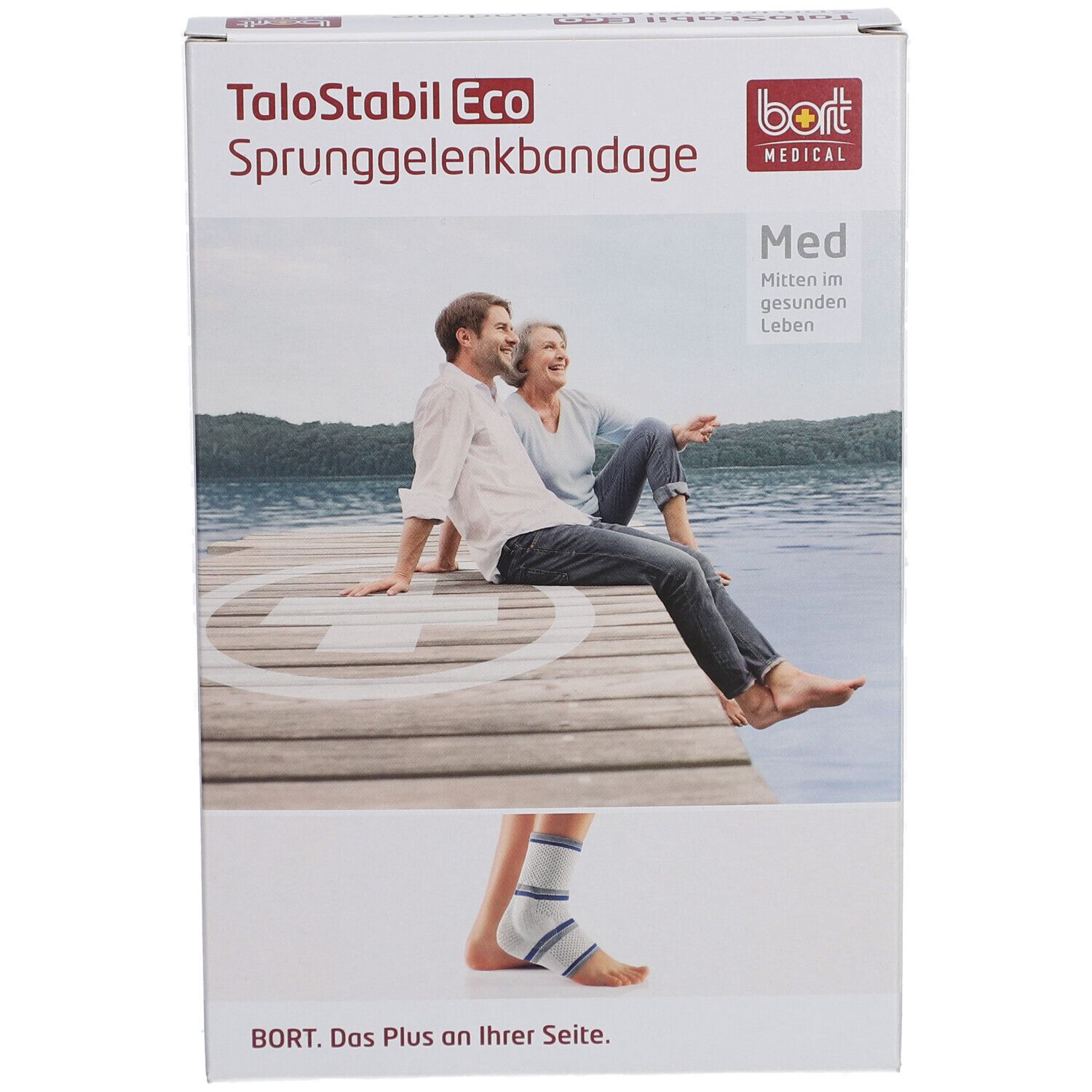 Verpackung der Sprunggelenkbandage. Aufdruck: TaloStabil Eco, bort MEDICAL, Med. Abbildung: Paar auf Steg, Bandage am Fuß.
