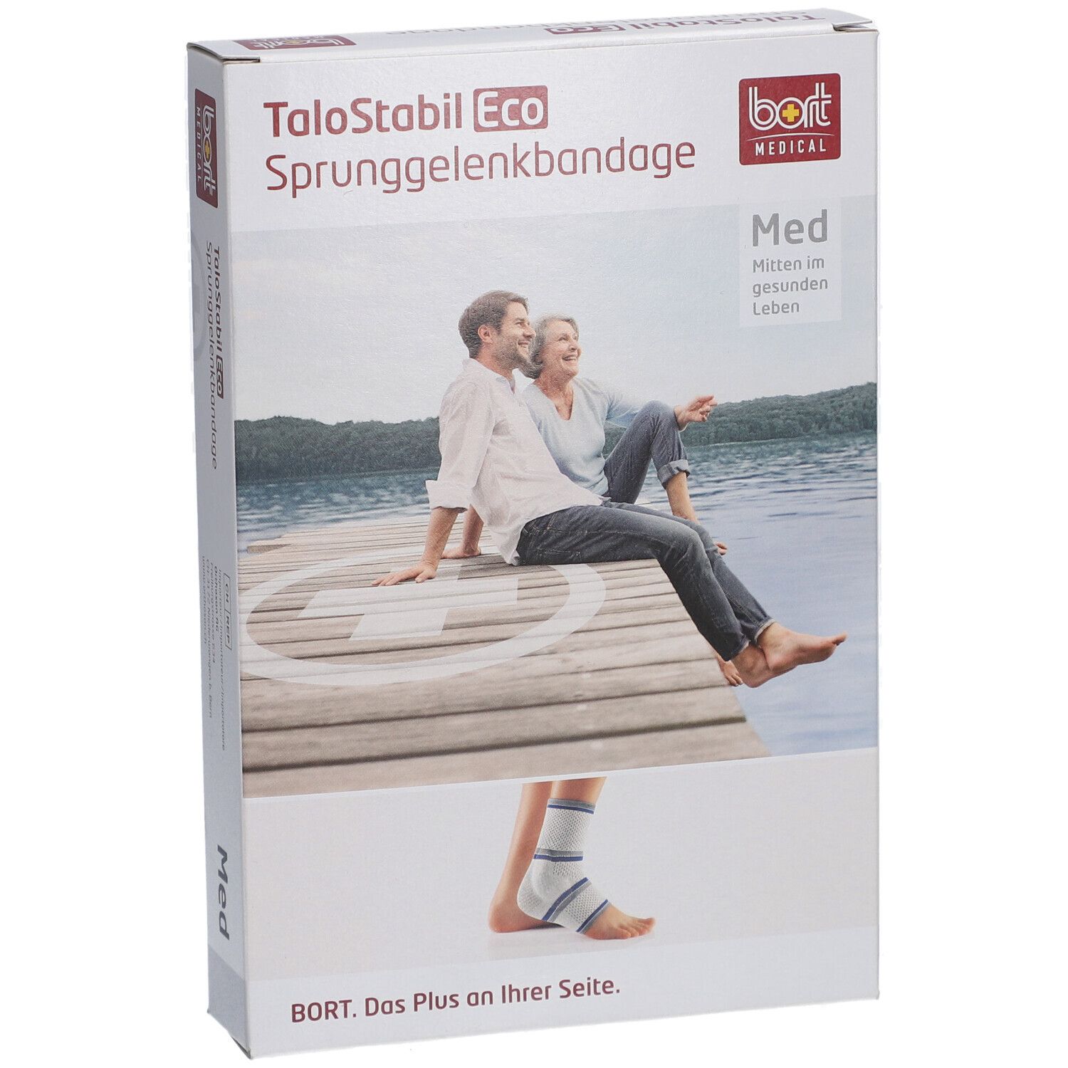 Verpackung der Sprunggelenkbandage. Aufdruck: TaloStabil Eco, bort MEDICAL, Med. Abbildung: Paar auf Steg, Bandage am Fuß.