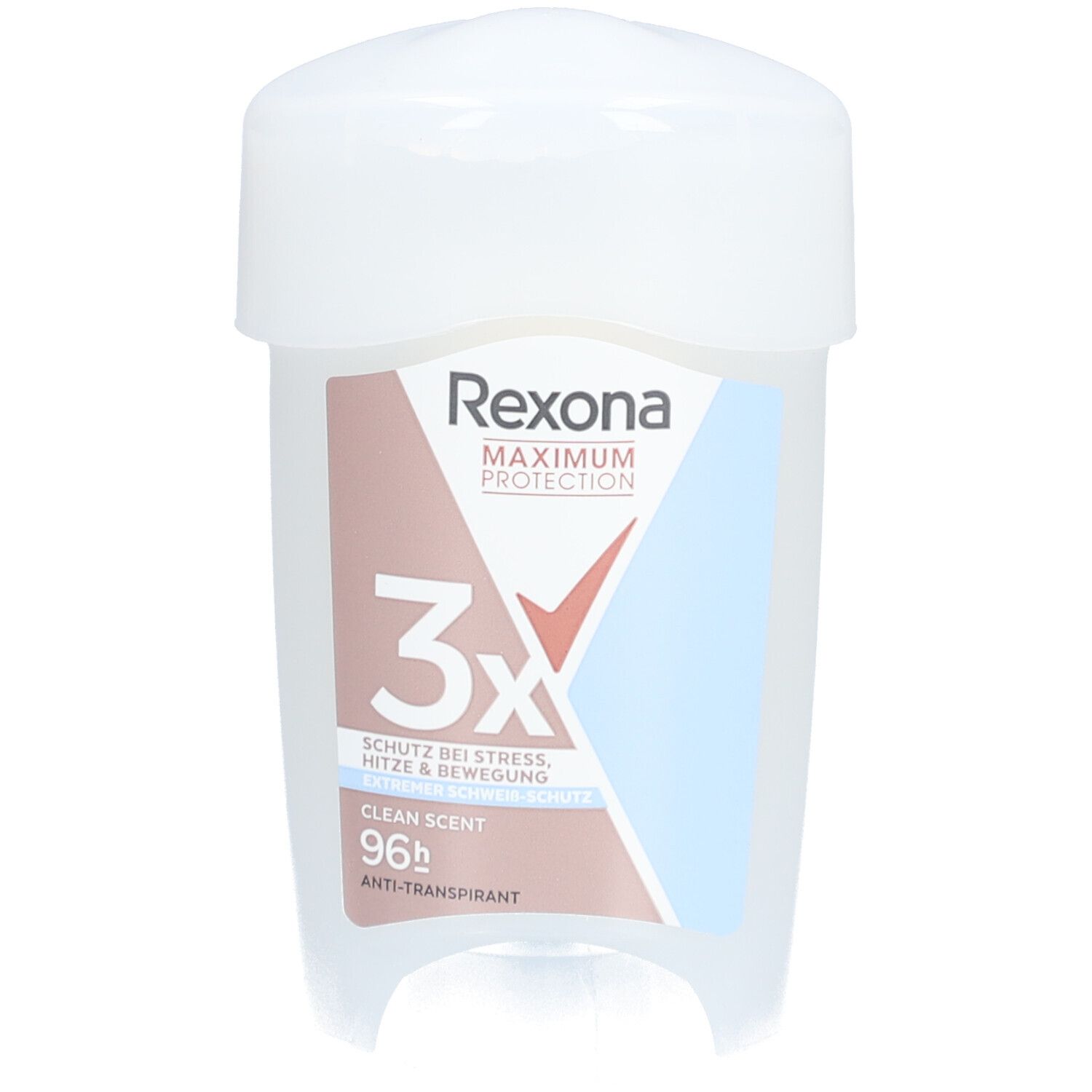 Weißer Roll-On-Deo mit Deckel. Aufschrift: Rexona Maximum Protection, 3x Schutz, Clean Scent, 96h Anti-Transpirant.