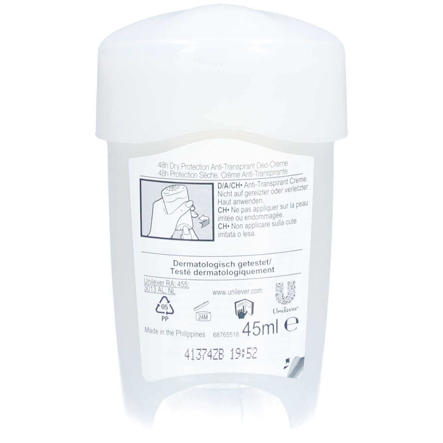Rückseite des Roll-On-Deos. Aufschrift: 48h Dry Protection, Anti-Transpirant, Deco-Creme. Inhaltsstoffe, 45ml, dermatologisch getestet.