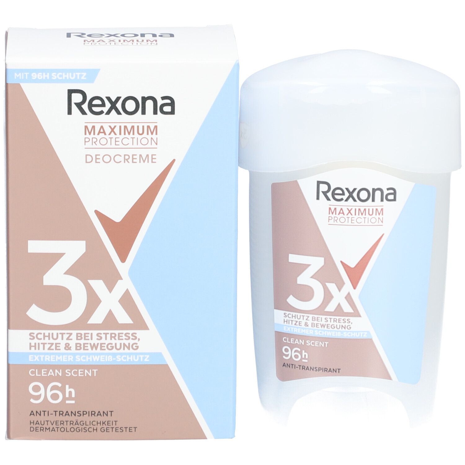 Roll-On-Deo und Verpackung. Aufschrift: Rexona Maximum Protection, 3x Schutz, Clean Scent, 96h Anti-Transpirant. Verpackung: blau/rosa.