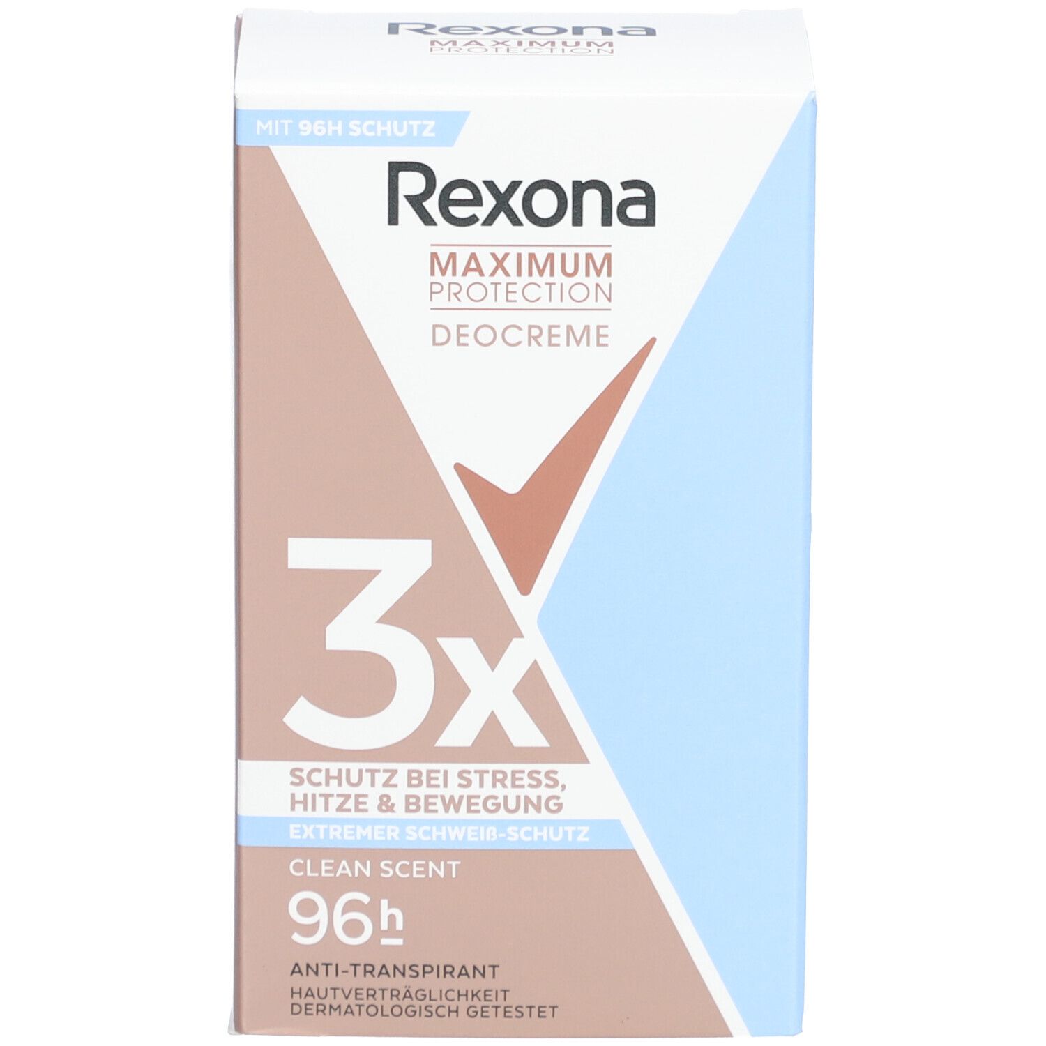 Verpackung. Aufschrift: Rexona Maximum Protection, 3x Schutz, Clean Scent, 96h Anti-Transpirant. Blau/rosa Design.