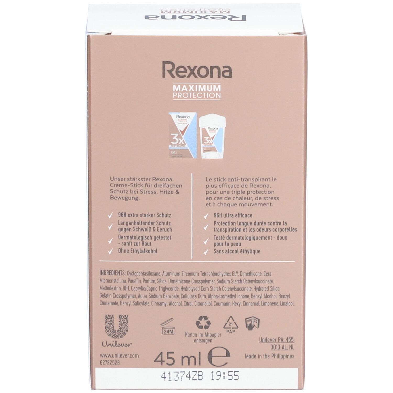 Verpackung. Text: Rexona Creme-Stick, 96h Schutz, Inhaltsstoffe, 45ml. Logos: Unilever, dermatologisch getestet.