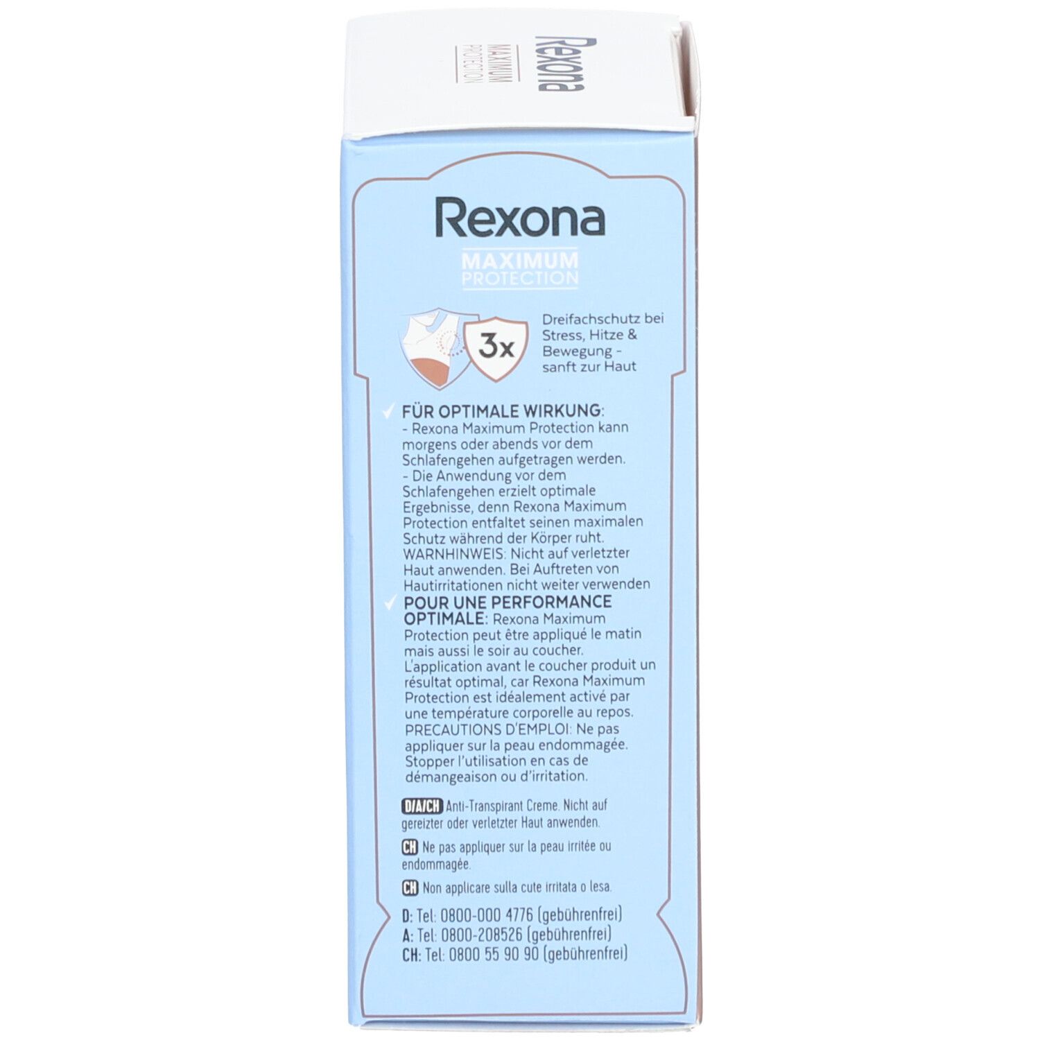 Verpackung. Text: Rexona Maximum Protection, 3x Schutz. Anwendungshinweise. Warnhinweise. Kontaktinformationen.