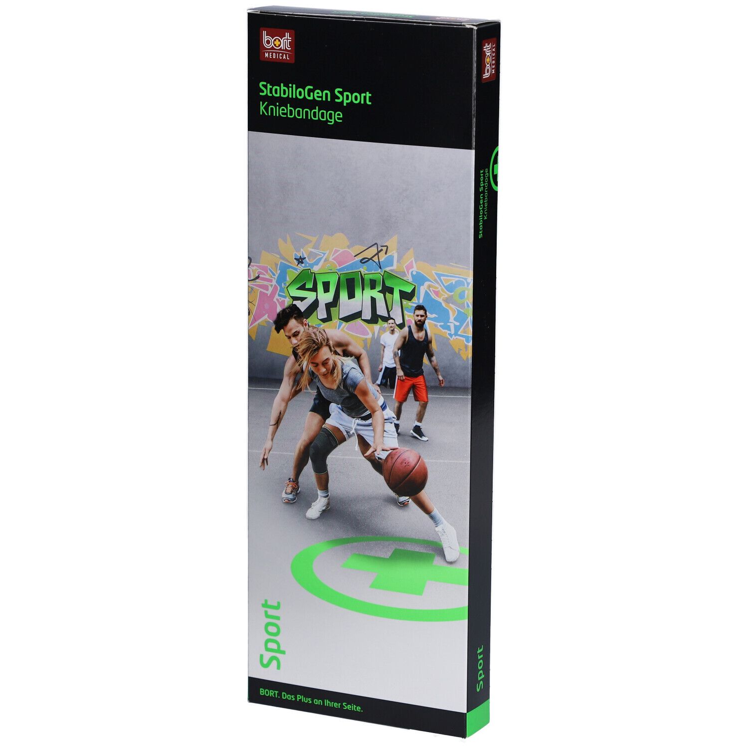 Verpackung der BORT StabiloGen Sport Kniebandage. Vorderseite mit Sport-Motiv und Produktbezeichnung.